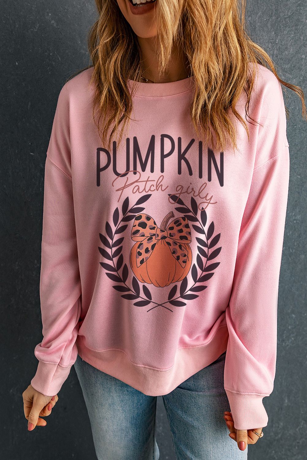 Women's Pink Leopard Bowknot Pumpkin Graphic Halloween Sweatshirt - Detail View 6 Women's Pink Leopard Bowknot Pumpkin Graphic Halloween Sweatshirt - Detail View 6
