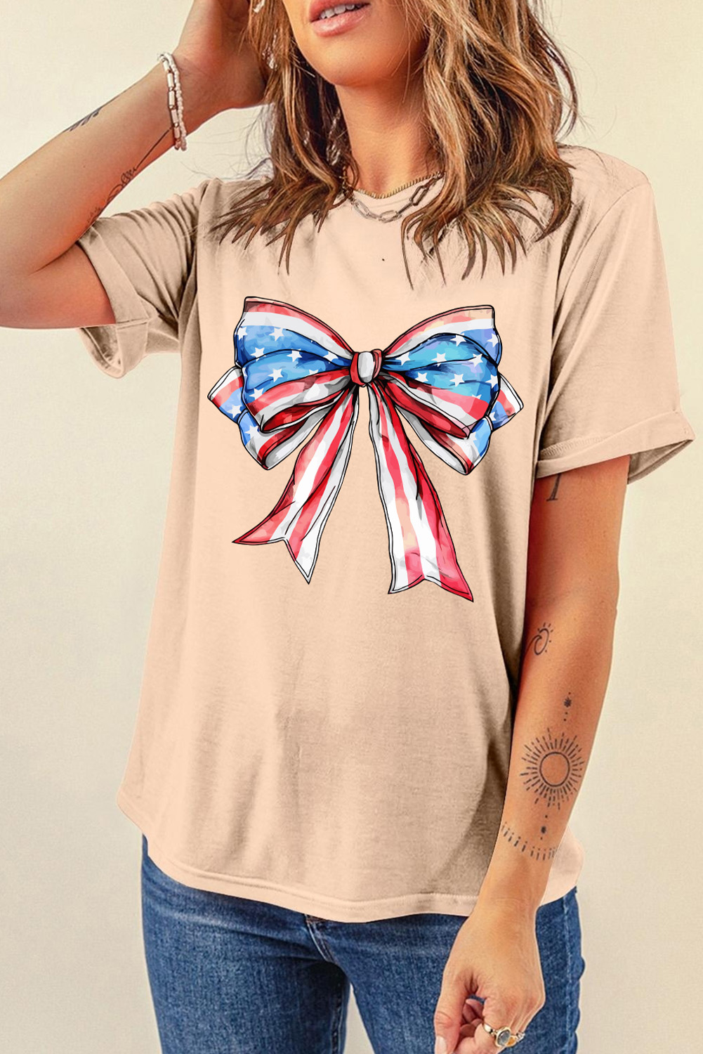 Women's American Flag Bow T Shirt, Casual Khaki Graphic Tee - Detail View 4 Women's American Flag Bow T Shirt, Casual Khaki Graphic Tee - Detail View 4