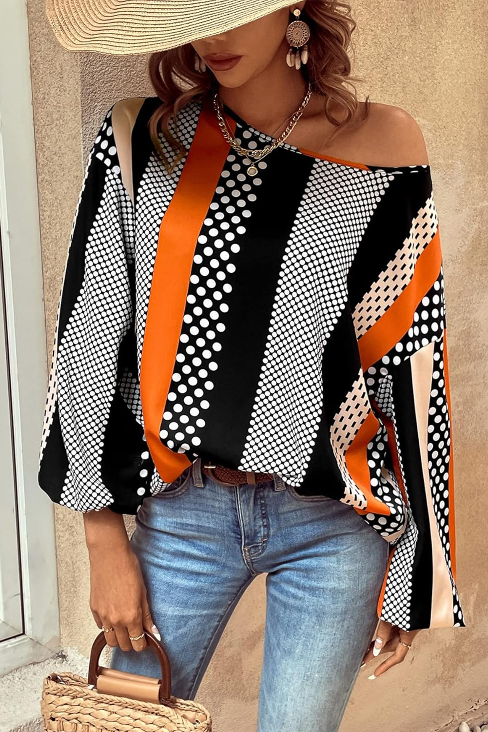 Stylish Long Sleeve Shift Blouse for Office and Daily Wear - Orange Striped Design - Detail View 7 Stylish Long Sleeve Shift Blouse for Office and Daily Wear - Orange Striped Design - Detail View 7