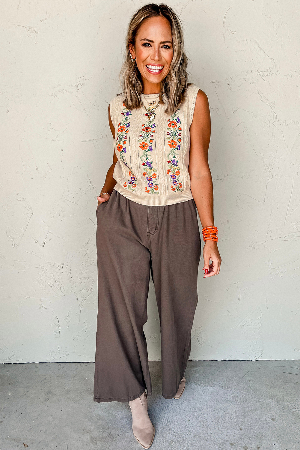 Chic and Cozy Floral Embroidered Sleeveless Sweater Vest in Jet Stream - Detail View 10 Chic and Cozy Floral Embroidered Sleeveless Sweater Vest in Jet Stream - Detail View 10