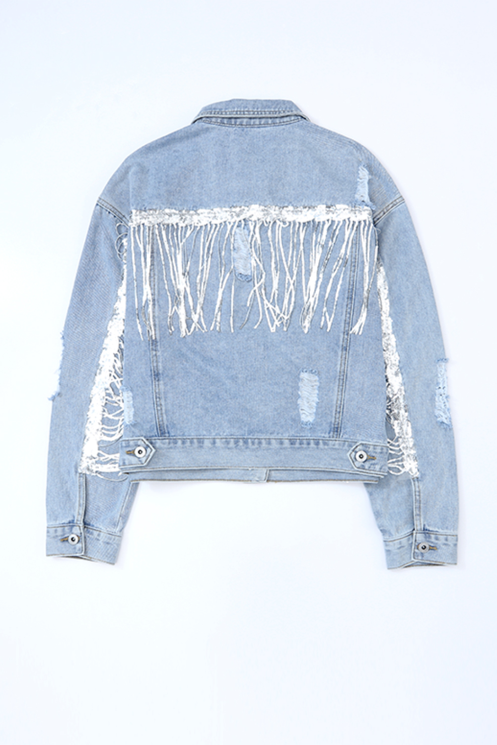 Trendy Embellished Denim Jacket, Distressed Fringe Fall Outerwear - Detail View 11 Trendy Embellished Denim Jacket, Distressed Fringe Fall Outerwear - Detail View 11