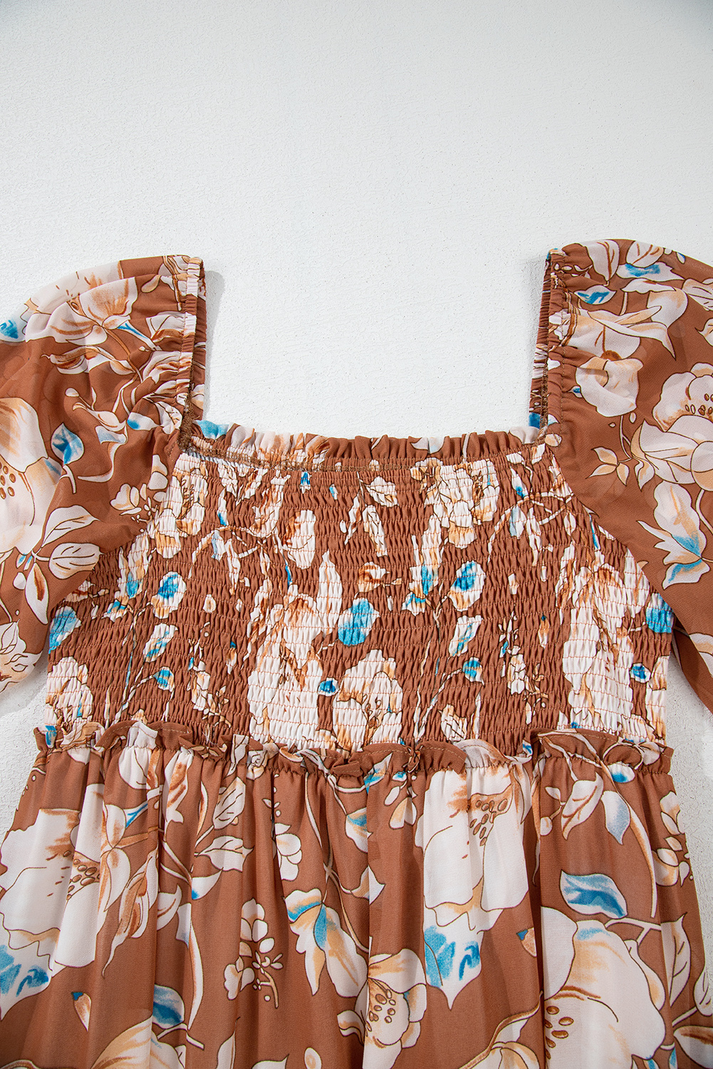 Women's Maxi Dress, Brown Floral Print, Shirred Square Neck, High Waist, Long Sleeve, Smocked Bodice, Elegant Dress, Boho Style, Tiered Dress, Comfortable Fit, Fall Fashion, Southern Belle, Floral Pattern, A-Line Silhouette, Daily Wear, Wedding Guest Dress, Fashionable Women's Dress - Detail View 8 Women's Maxi Dress, Brown Floral Print, Shirred Square Neck, High Waist, Long Sleeve, Smocked Bodice, Elegant Dress, Boho Style, Tiered Dress, Comfortable Fit, Fall Fashion, Southern Belle, Floral Pattern, A-Line Silhouette, Daily Wear, Wedding Guest Dress, Fashionable Women's Dress - Detail View 8