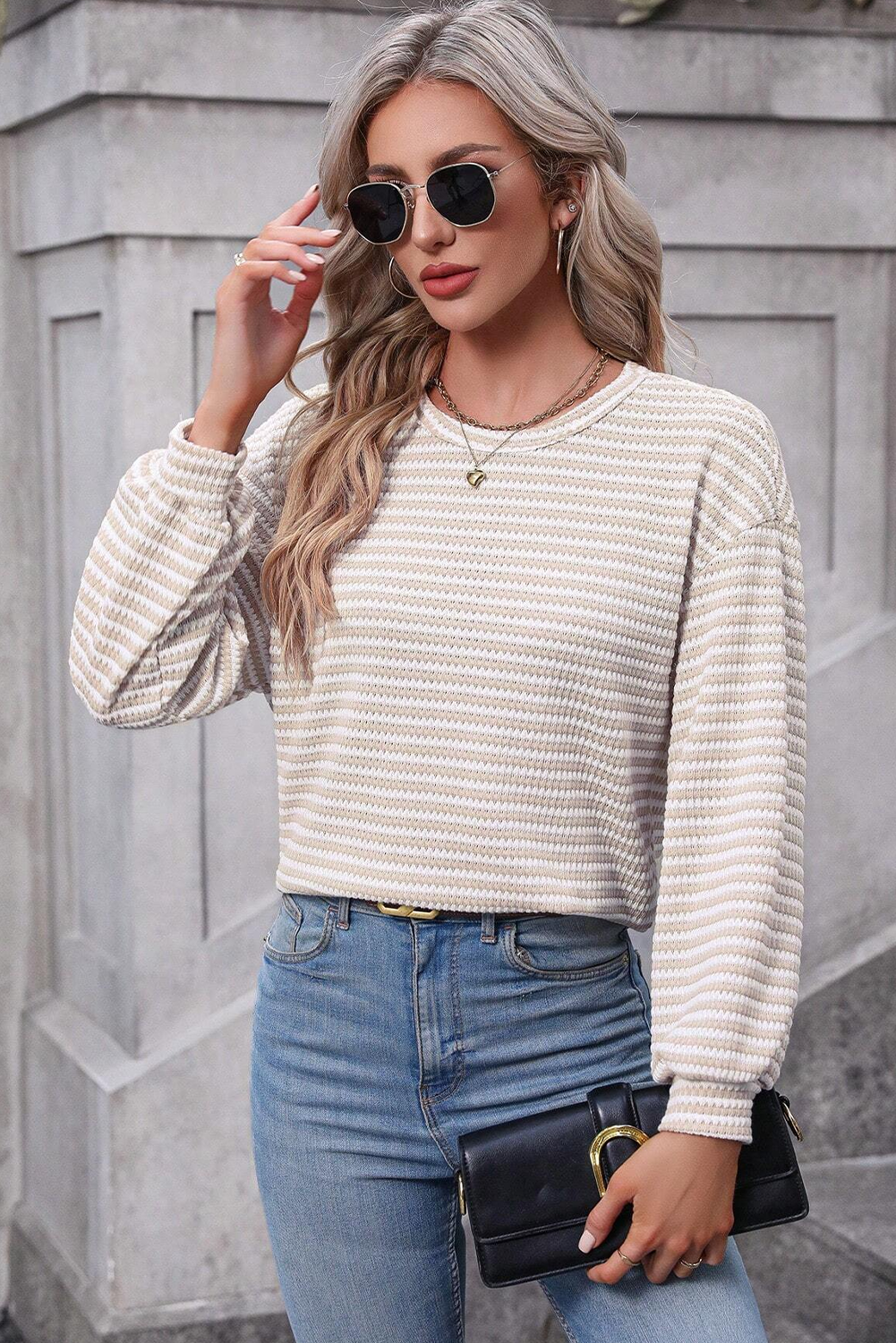 Chic Striped Long Sleeve Top: Relaxed Fit, Round Neck - Khaki Stripe - Detail View 7 Chic Striped Long Sleeve Top: Relaxed Fit, Round Neck - Khaki Stripe - Detail View 7