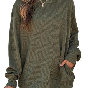 Women's Jungle Green Sweatshirt, Textured Round Neck Pullover - Main View