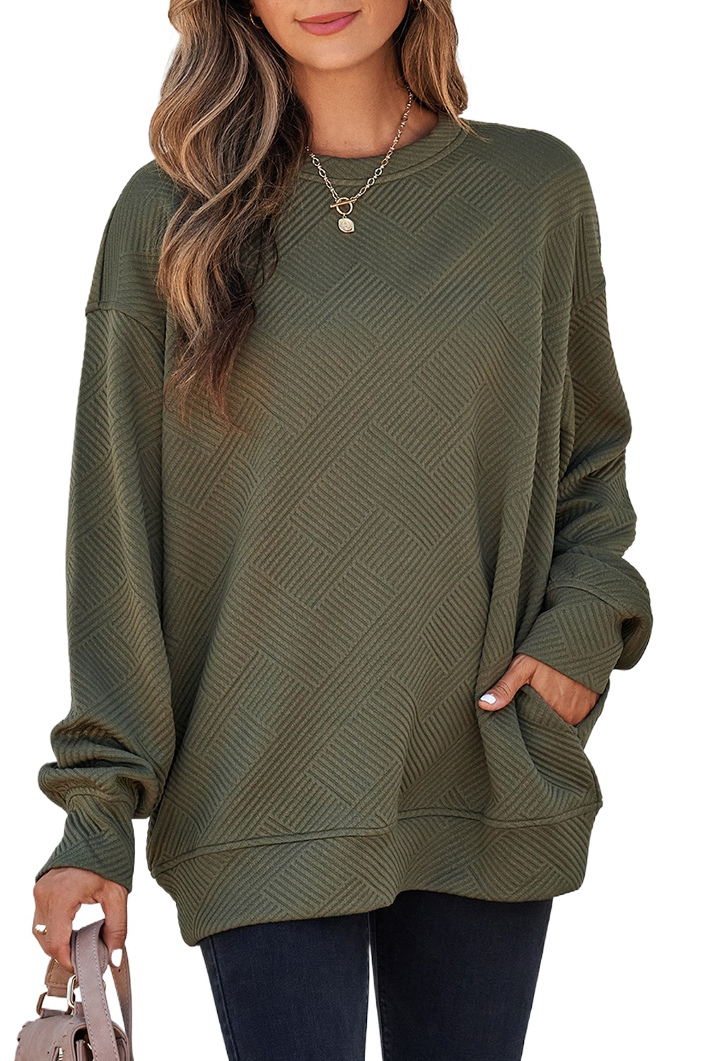 Women's Jungle Green Sweatshirt, Textured Round Neck Pullover - Main View Women's Jungle Green Sweatshirt, Textured Round Neck Pullover - Main View