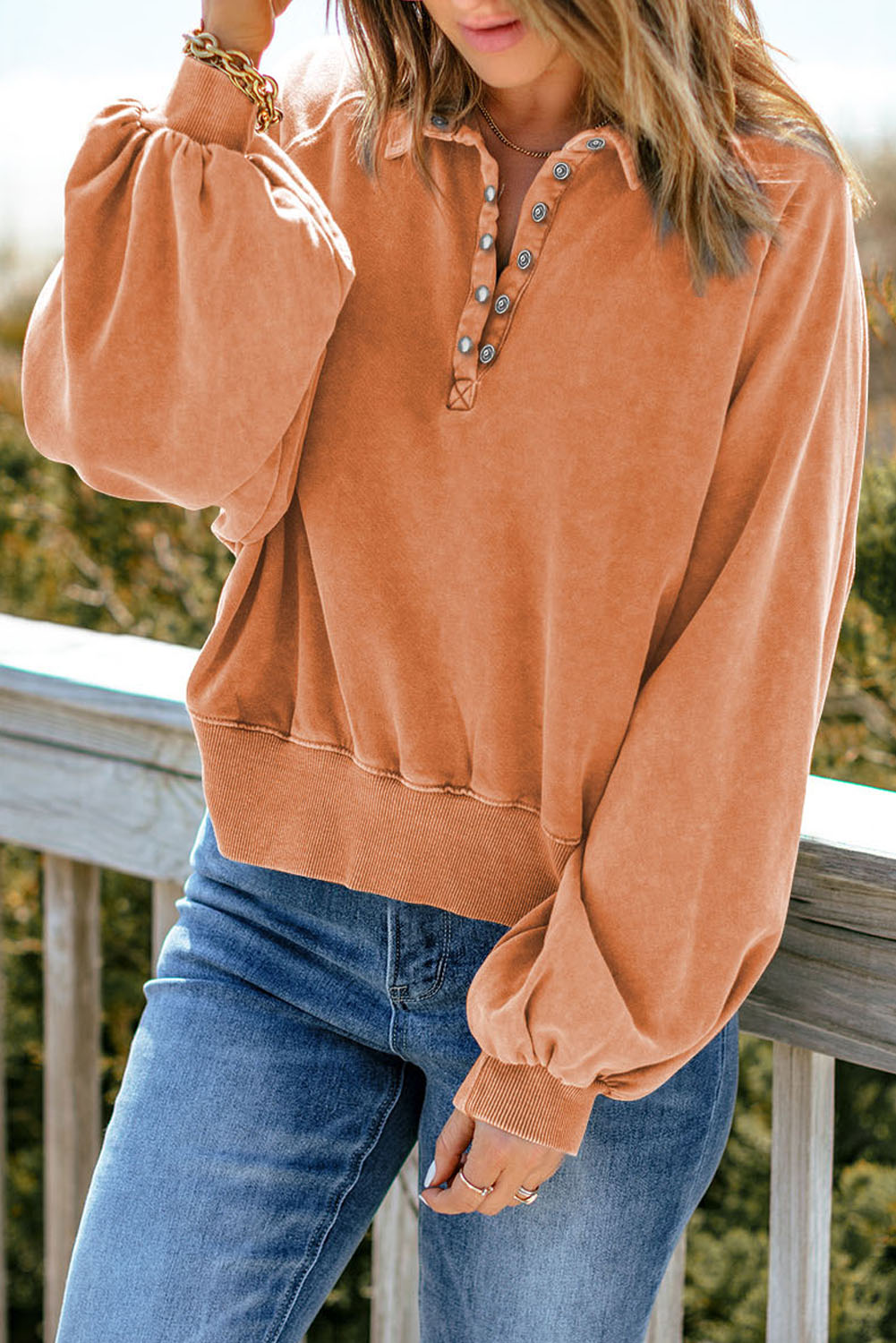 Women's Orange Washed Pullover, Casual Button Down Sweatshirt - Detail View 4 Women's Orange Washed Pullover, Casual Button Down Sweatshirt - Detail View 4