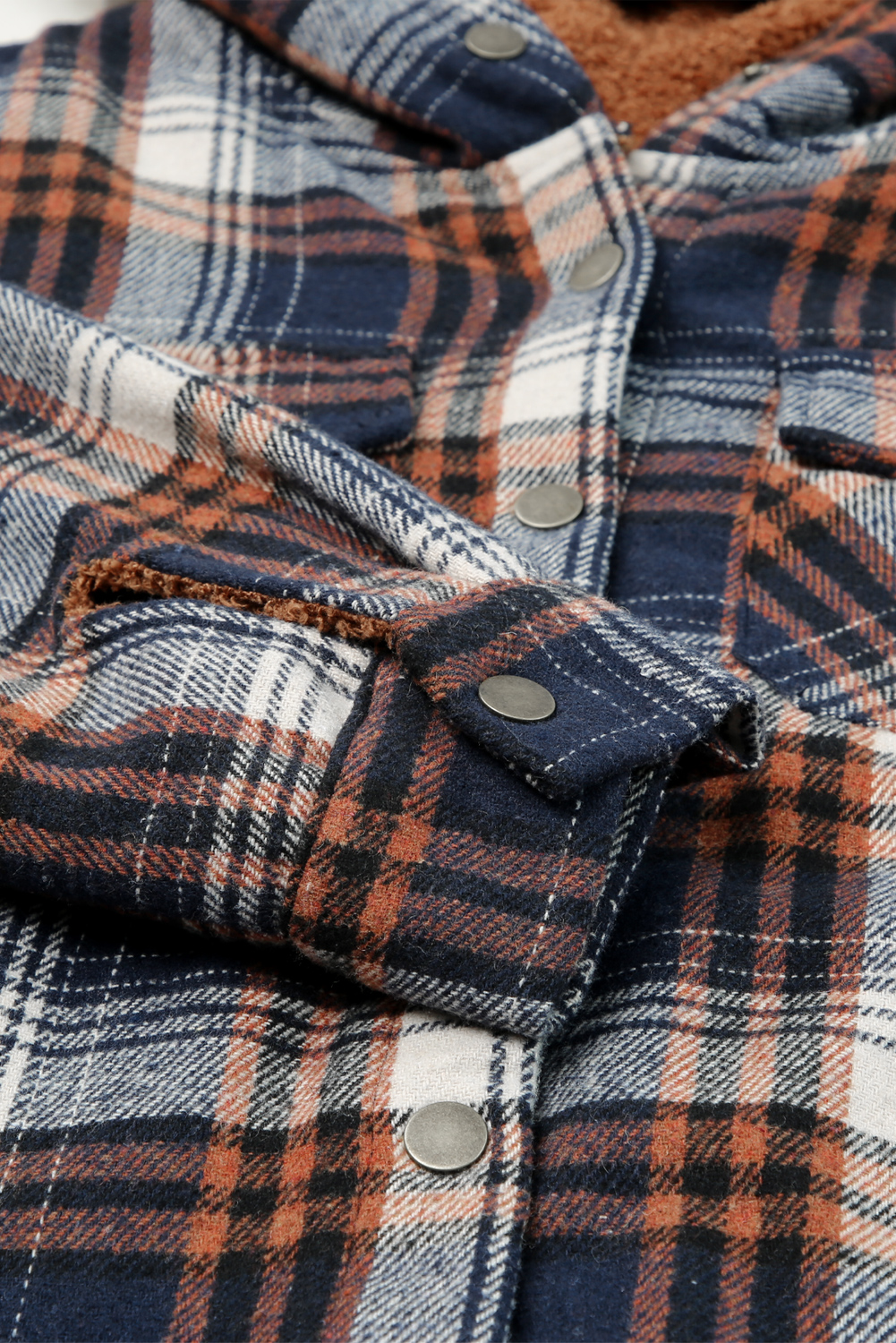 Women's Plaid Sherpa Shacket, Hooded Button Down Jacket - Detail View 10 Women's Plaid Sherpa Shacket, Hooded Button Down Jacket - Detail View 10