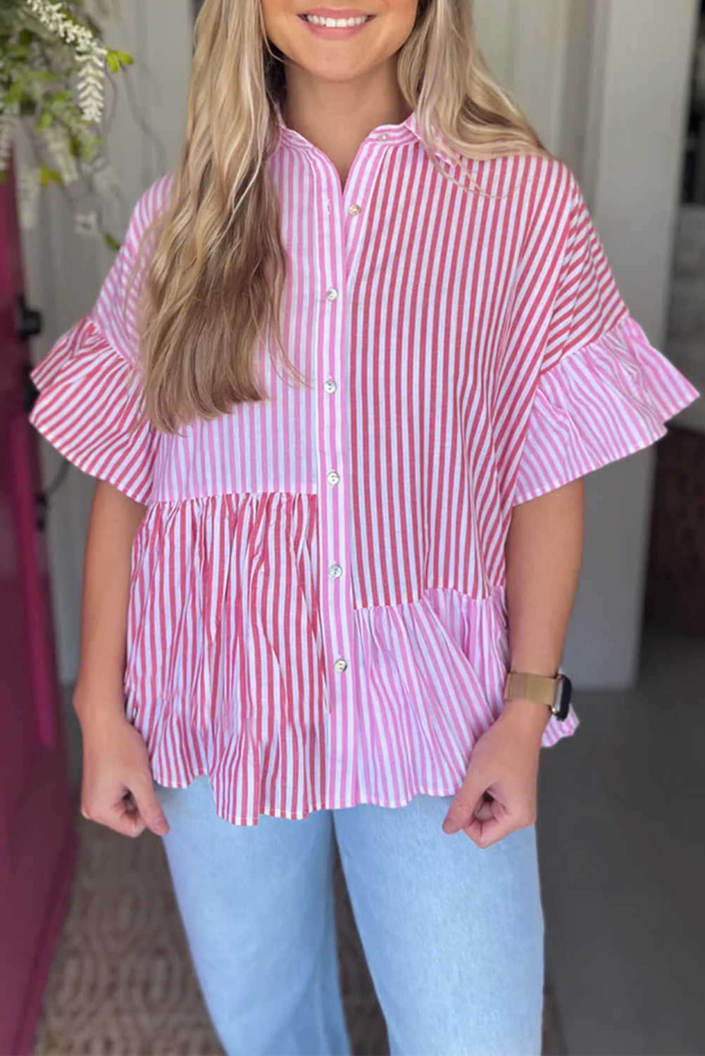 Casual Pink Striped Shirt, Half Sleeve Cotton Ruffle Top - Detail View 2 Casual Pink Striped Shirt, Half Sleeve Cotton Ruffle Top - Detail View 2