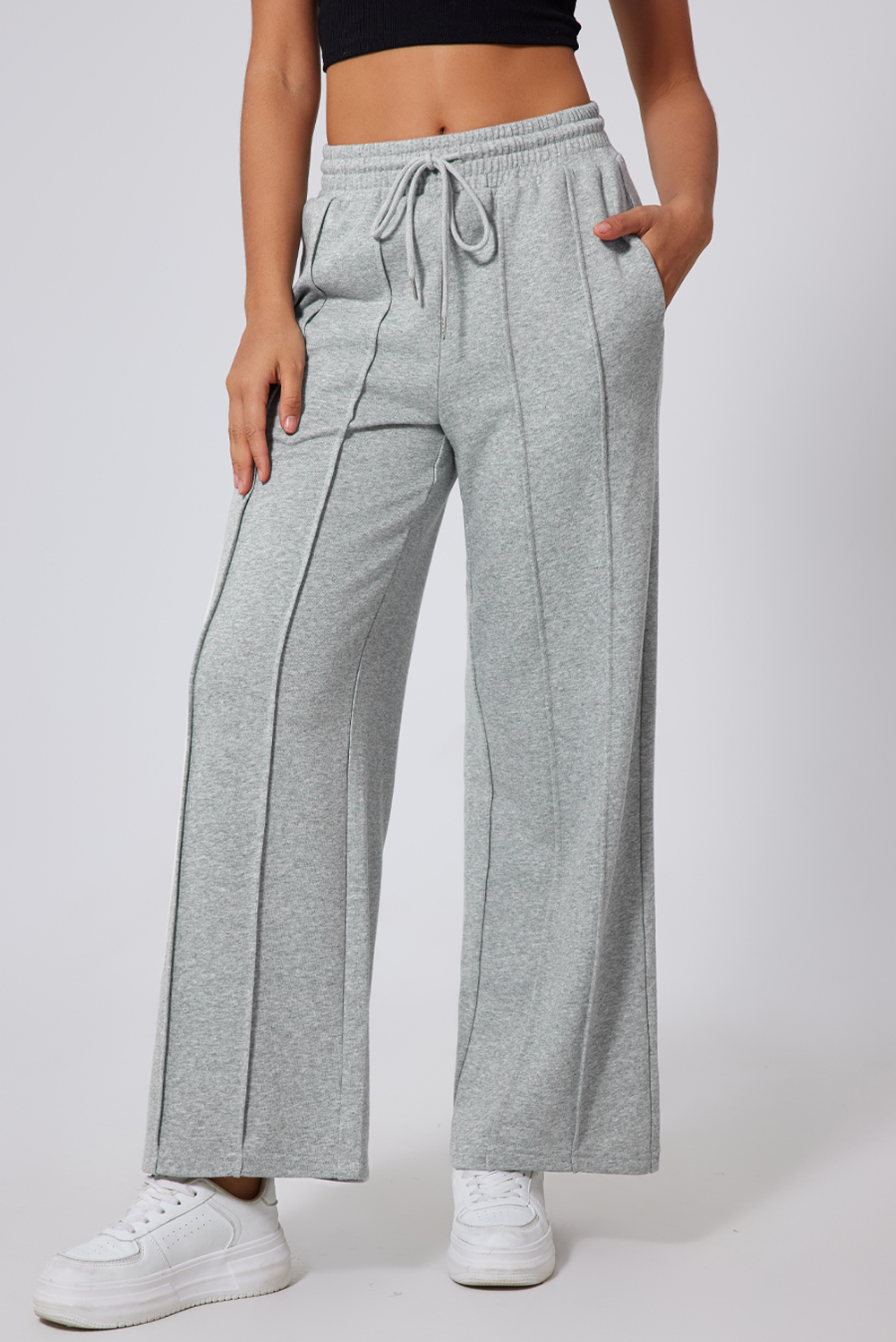Stylish High Waist Wide Leg Sweatpants: Gray, Adjustable Drawstring - Detail View 7 Stylish High Waist Wide Leg Sweatpants: Gray, Adjustable Drawstring - Detail View 7