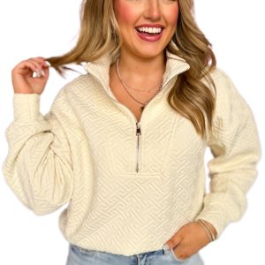 Women's Beige Solid Textured Half Zipper Sweatshirt - Main View