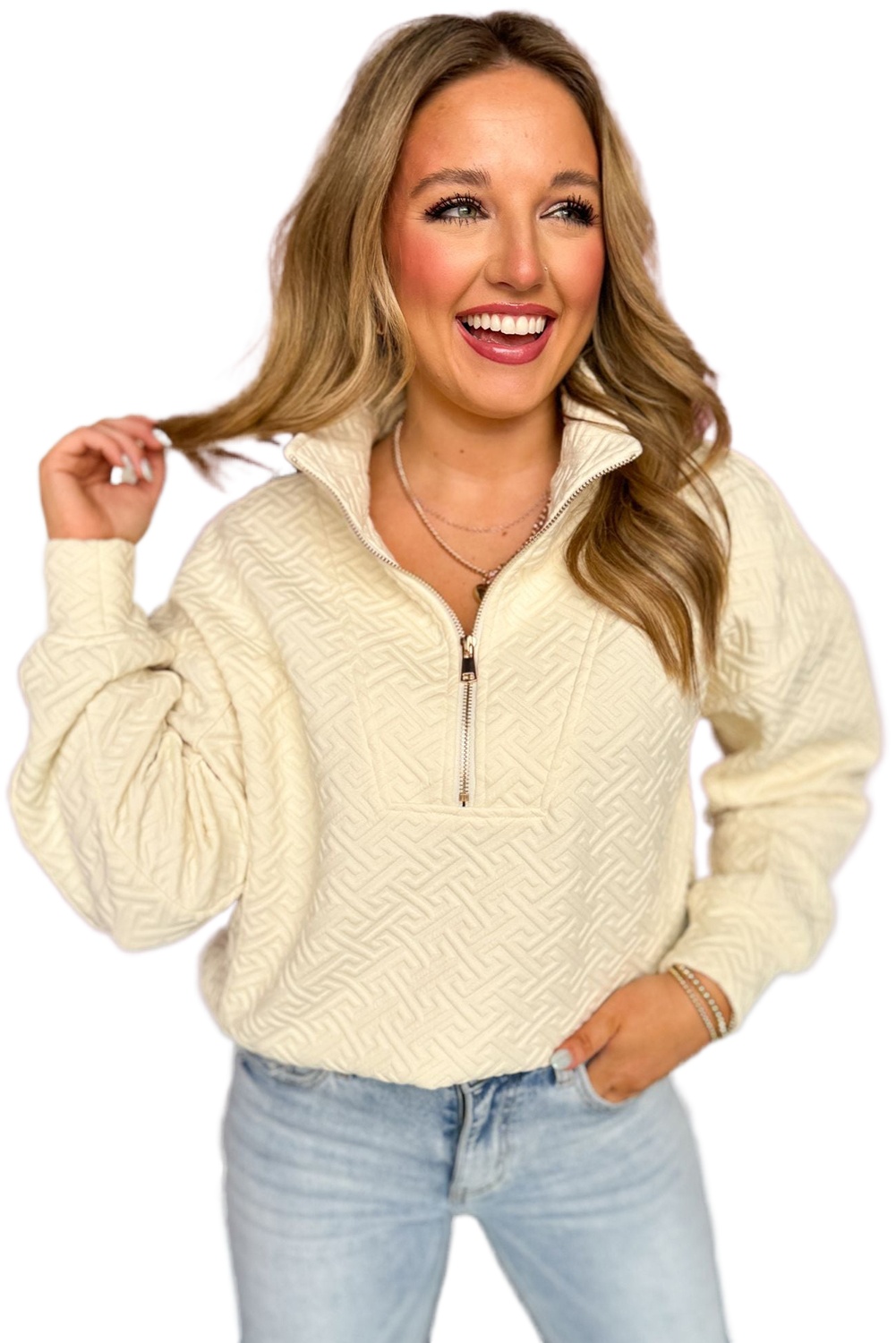 Women's Beige Solid Textured Half Zipper Sweatshirt - Main View Women's Beige Solid Textured Half Zipper Sweatshirt - Main View
