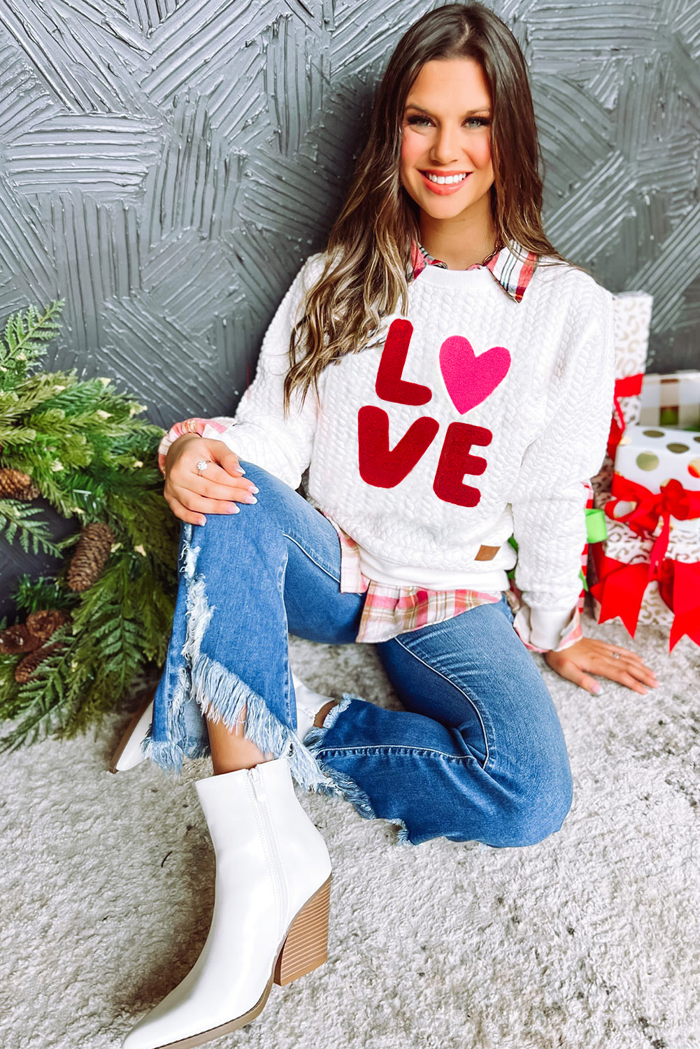 Southern Belle Sweatshirt, White LOVE Chenille Round Neck - Detail View 3 Southern Belle Sweatshirt, White LOVE Chenille Round Neck - Detail View 3