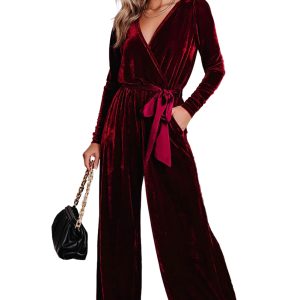 Women's Red Velvet Jumpsuit, Elegant Long Sleeve Wide Leg - Main View