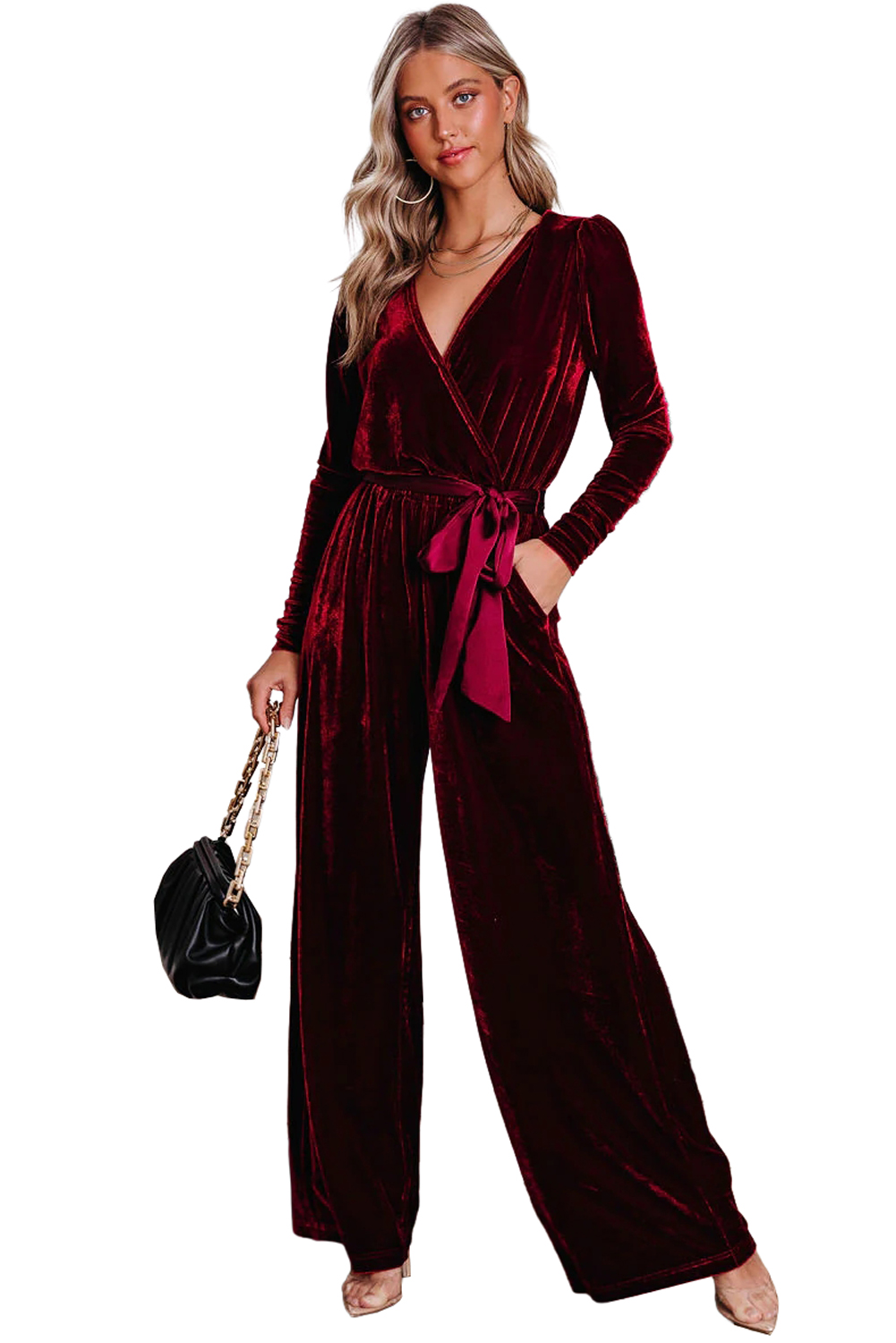 Women's Red Velvet Jumpsuit, Elegant Long Sleeve Wide Leg - Main View Women's Red Velvet Jumpsuit, Elegant Long Sleeve Wide Leg - Main View