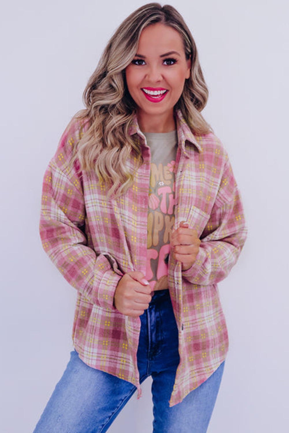 Elevate your casual style with this Women's Pink Plaid Print Chest Pocket Long Sleeve Shacket. Combining the casual shirt style with the warmth of a jacket, this shacket offers both comfort and functionality. The eye-catching pink plaid print adds a touch of style and classic charm, making it a versatile addition to your fall and autumn wardrobe. The convenient chest pocket adds a functional and trendy element to the shacket. With long sleeves, this shacket offers versatility and layering options, perfect for transitioning between seasons. Made from premium 100% polyester, it ensures durability and comfort. This casual style shacket is a must-have for daily wear, providing a variety of options for your outfit choices. - Detail View 4 Elevate your casual style with this Women's Pink Plaid Print Chest Pocket Long Sleeve Shacket. Combining the casual shirt style with the warmth of a jacket, this shacket offers both comfort and functionality. The eye-catching pink plaid print adds a touch of style and classic charm, making it a versatile addition to your fall and autumn wardrobe. The convenient chest pocket adds a functional and trendy element to the shacket. With long sleeves, this shacket offers versatility and layering options, perfect for transitioning between seasons. Made from premium 100% polyester, it ensures durability and comfort. This casual style shacket is a must-have for daily wear, providing a variety of options for your outfit choices. - Detail View 4
