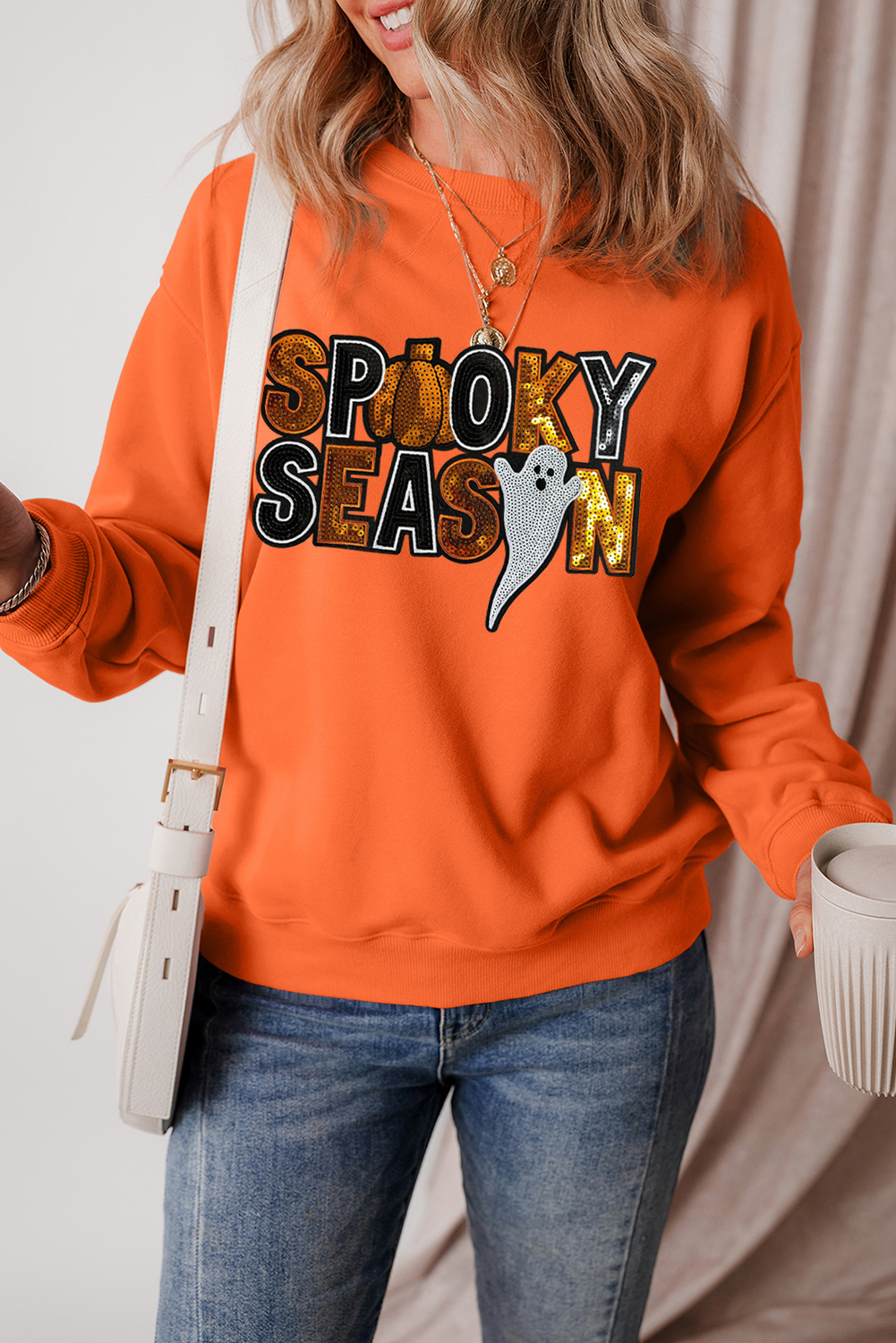 Spooky Season Graphic Sweatshirt: Russet Orange Ghost and Slogan - Detail View 6 Spooky Season Graphic Sweatshirt: Russet Orange Ghost and Slogan - Detail View 6