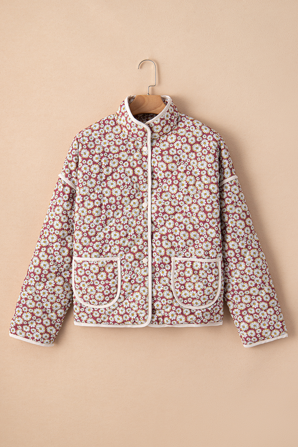 Women's Pink Floral Print Stand Neck Coat with Contrast Edge Detail - Detail View 11 Women's Pink Floral Print Stand Neck Coat with Contrast Edge Detail - Detail View 11
