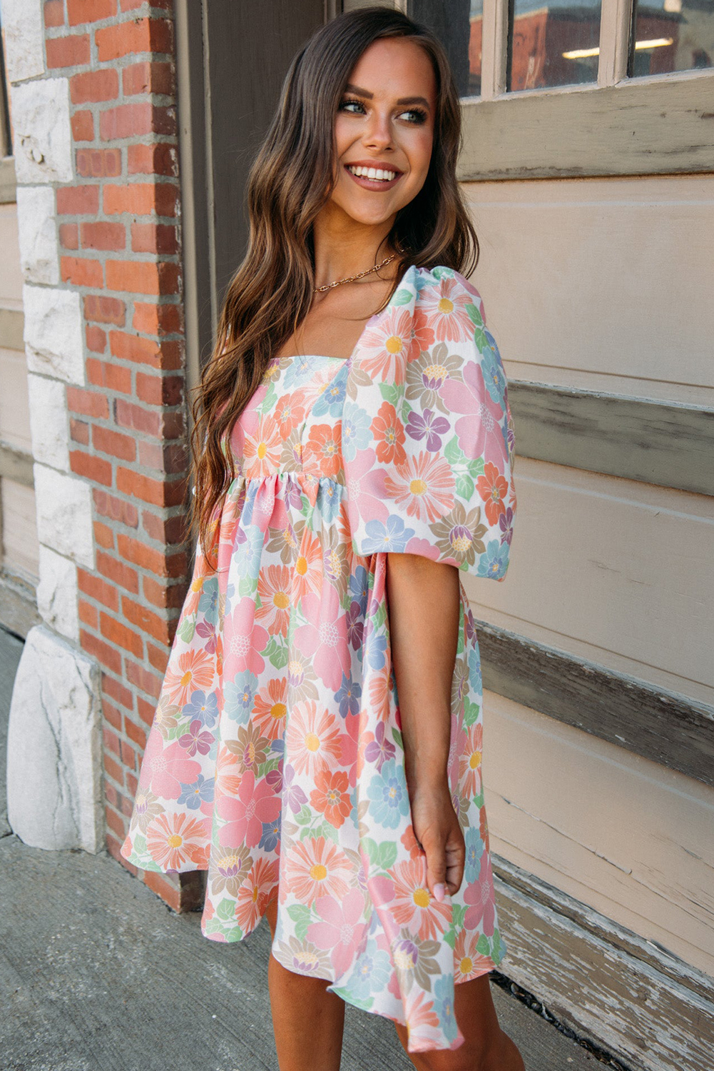 Pink Floral Summer Dress, Elegant Puff Sleeve A Line Mini - Detail View 2 Pink Floral Summer Dress, Elegant Puff Sleeve A Line Mini - Detail View 2