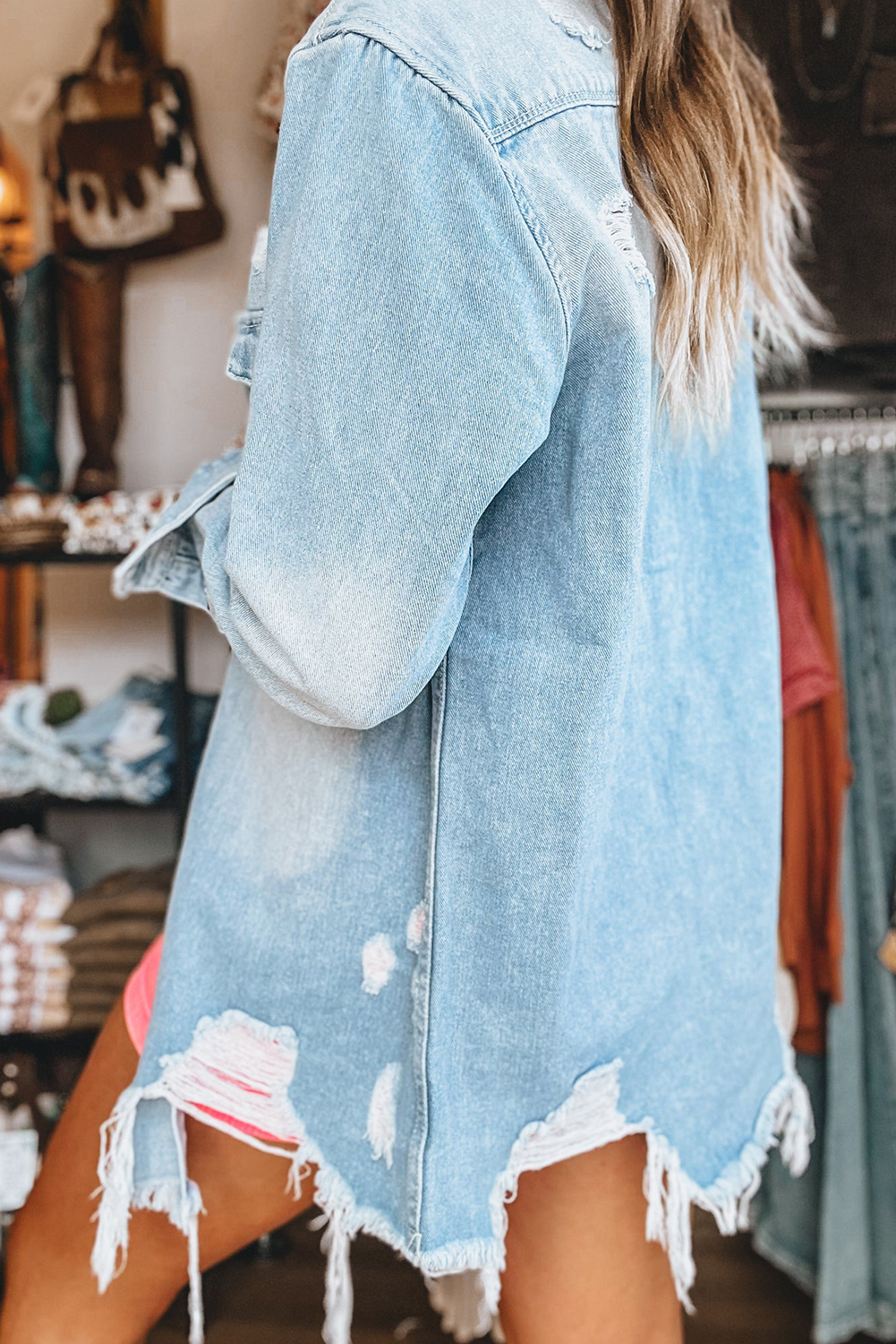 Vintage-Chic Long Sleeve Denim Jacket - Beau Blue with Distressed Design - Detail View 7 Vintage-Chic Long Sleeve Denim Jacket - Beau Blue with Distressed Design - Detail View 7