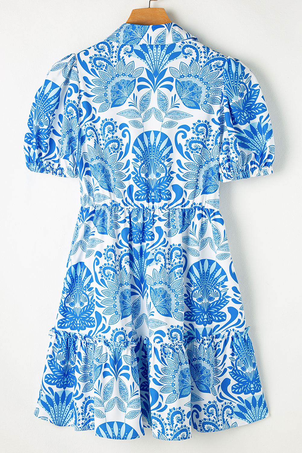 Elegant Floral A-Line Dress: Sky Blue with Puff Sleeves and Ruffled Details - Detail View 7 Elegant Floral A-Line Dress: Sky Blue with Puff Sleeves and Ruffled Details - Detail View 7