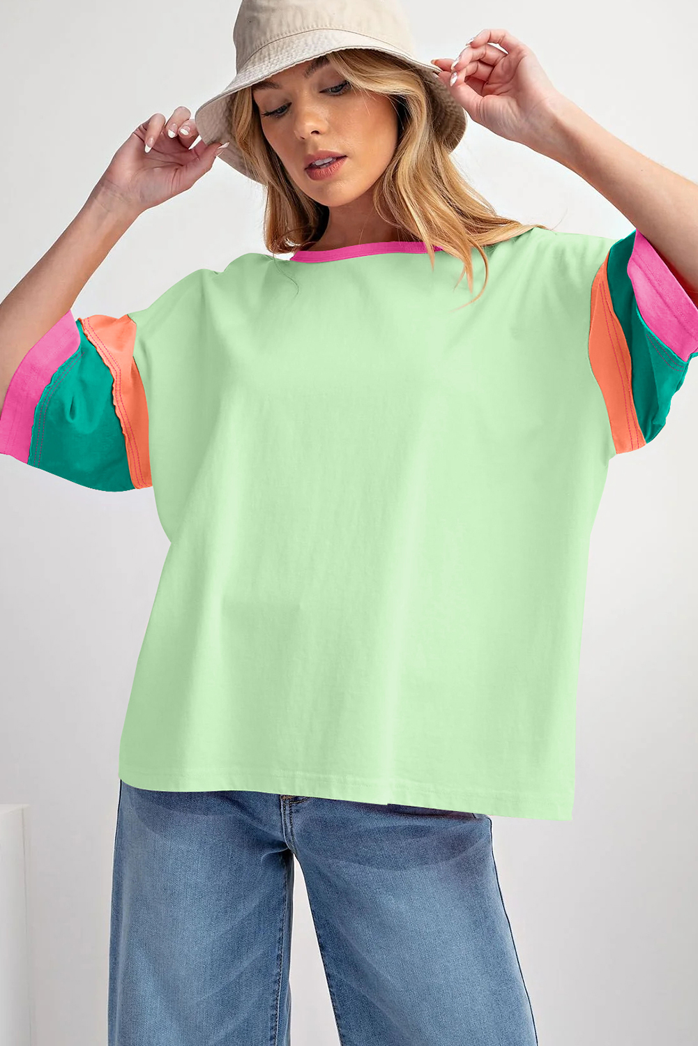 Oversized Patchwork T-Shirt, Trendy Green Color Block Blouse - Detail View 5 Oversized Patchwork T-Shirt, Trendy Green Color Block Blouse - Detail View 5