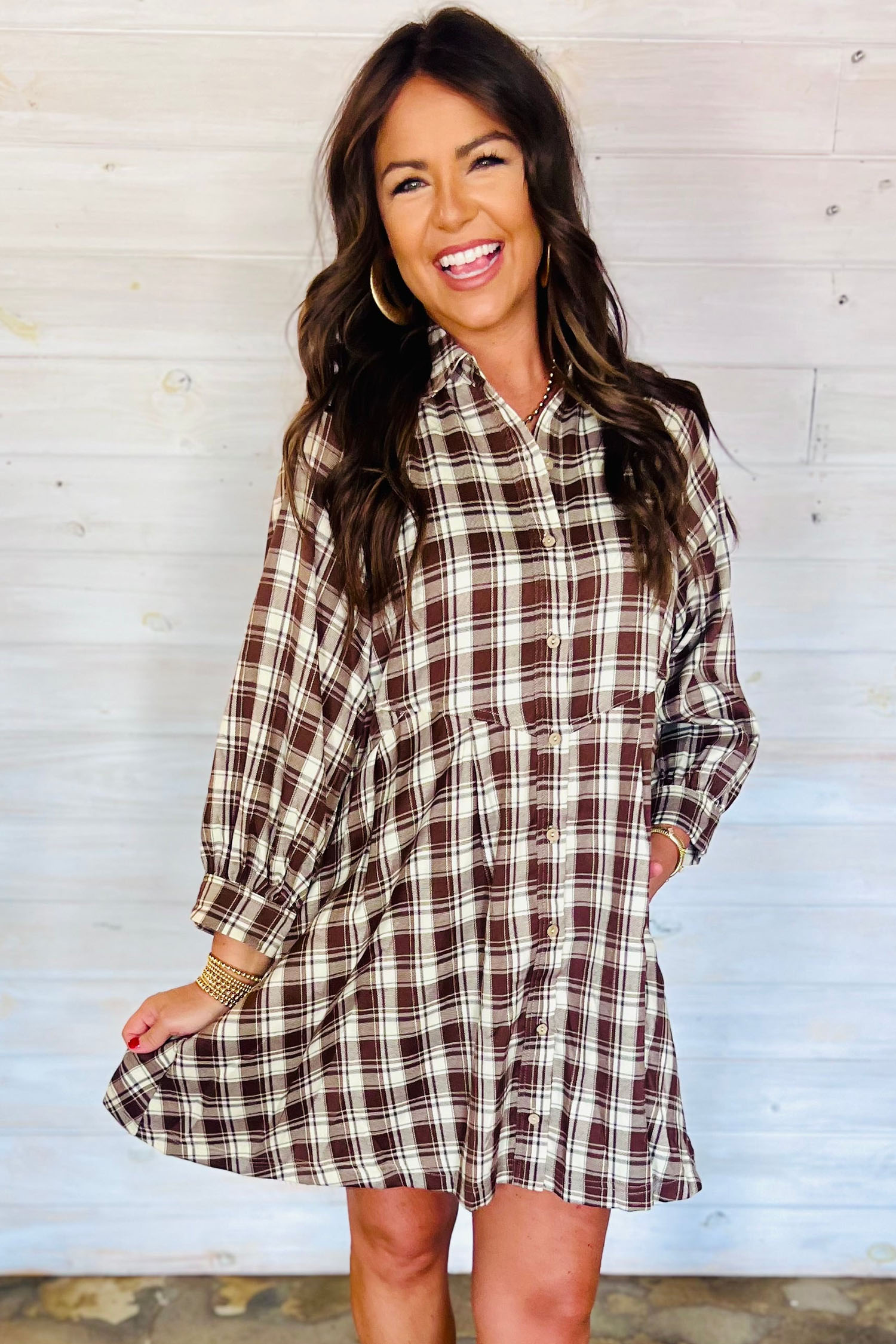 Women's Cotton Plaid Dress, Soft Long Sleeve Shift - Detail View 6 Women's Cotton Plaid Dress, Soft Long Sleeve Shift - Detail View 6