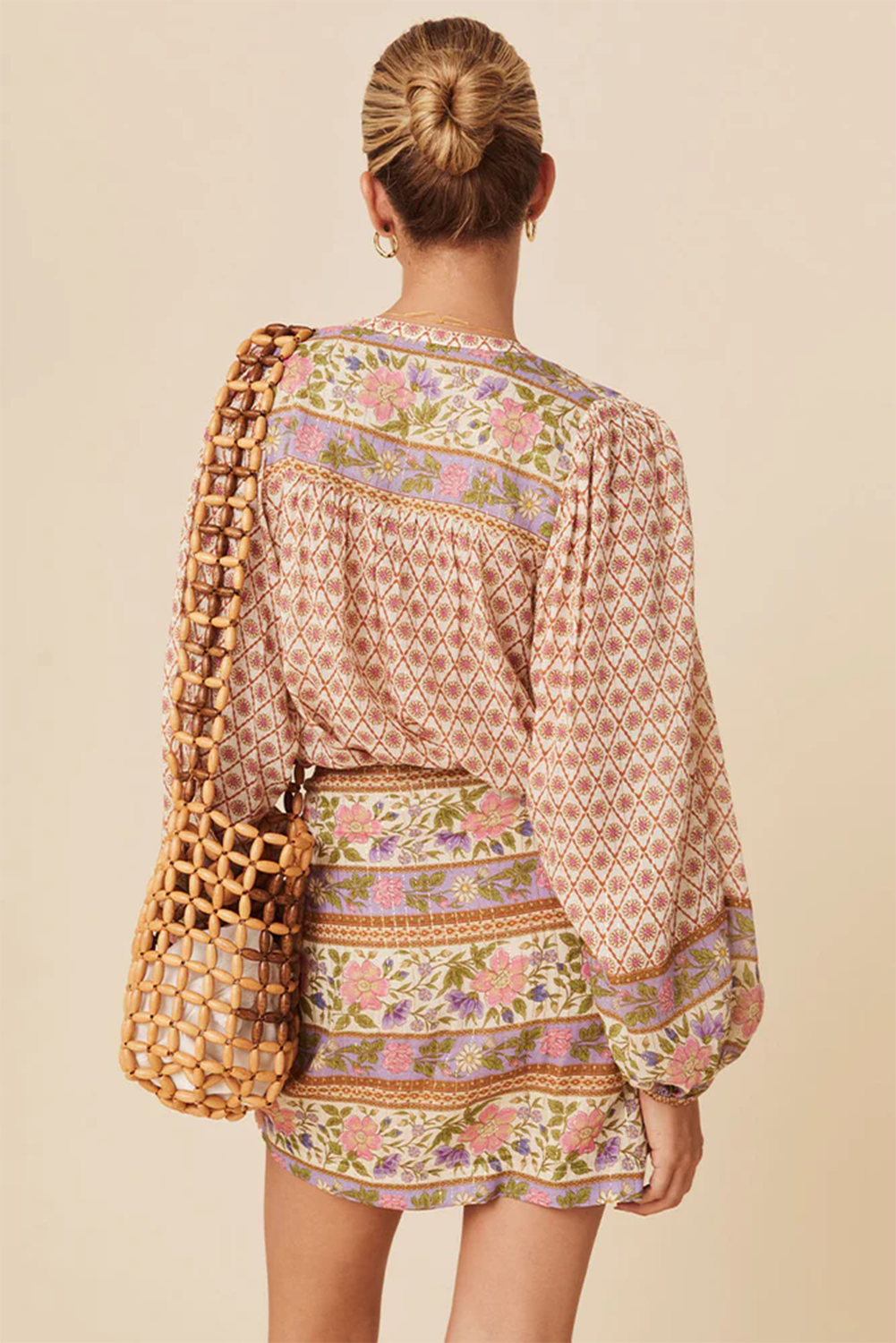 Women's Mixed Print Shirt, Boho Floral Puff Sleeve V Neck - Detail View 2 Women's Mixed Print Shirt, Boho Floral Puff Sleeve V Neck - Detail View 2