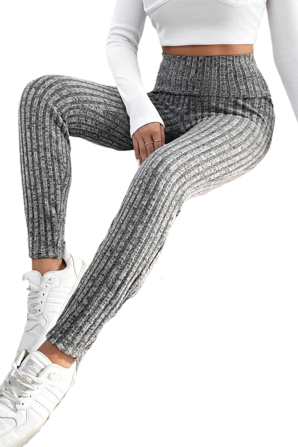 Women's Casual Ribbed Leggings, High Waist Solid Gray Tights - Detail View 3 Women's Casual Ribbed Leggings, High Waist Solid Gray Tights - Detail View 3
