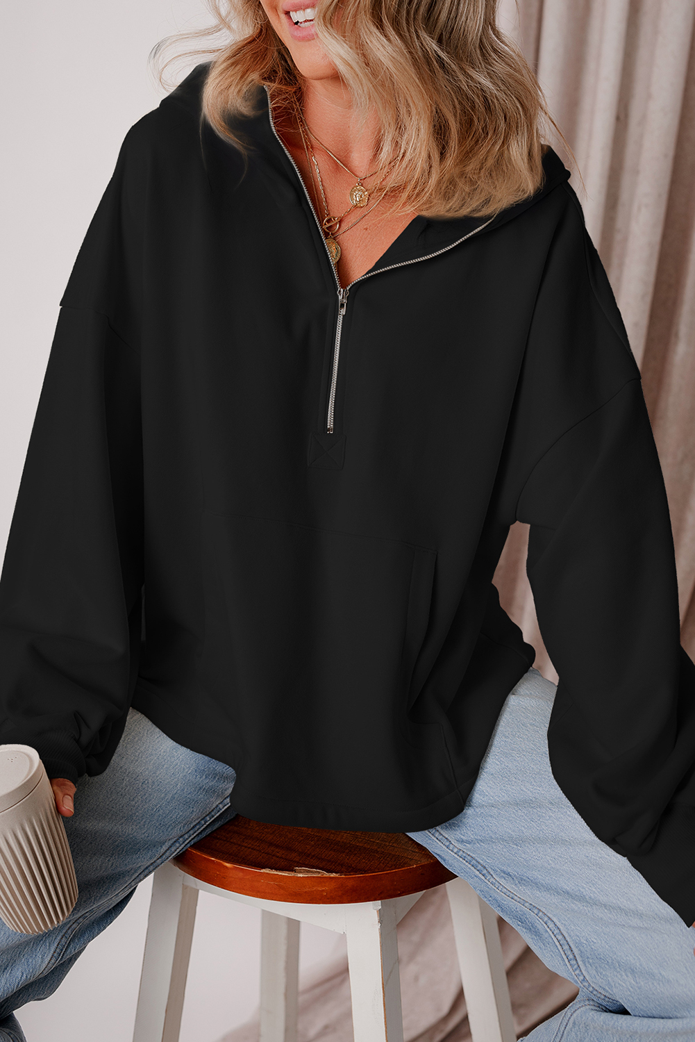 Women's Hoodie, Black, Fleece Lined, Half Zipper, Kangaroo Pockets, Loose Fit, Casual, Chic, Fleece Lining, Warm, Versatile, Easy to Pair, Hoodies, Sweatshirts & Hoodies - Detail View 4 Women's Hoodie, Black, Fleece Lined, Half Zipper, Kangaroo Pockets, Loose Fit, Casual, Chic, Fleece Lining, Warm, Versatile, Easy to Pair, Hoodies, Sweatshirts & Hoodies - Detail View 4