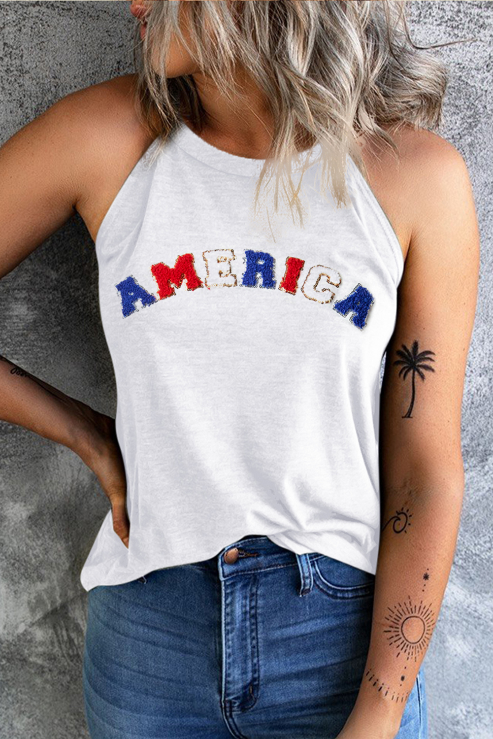 Chenille Graphic Tank Top: Glitter Framed AMERICA Lettering - Detail View 2 Chenille Graphic Tank Top: Glitter Framed AMERICA Lettering - Detail View 2
