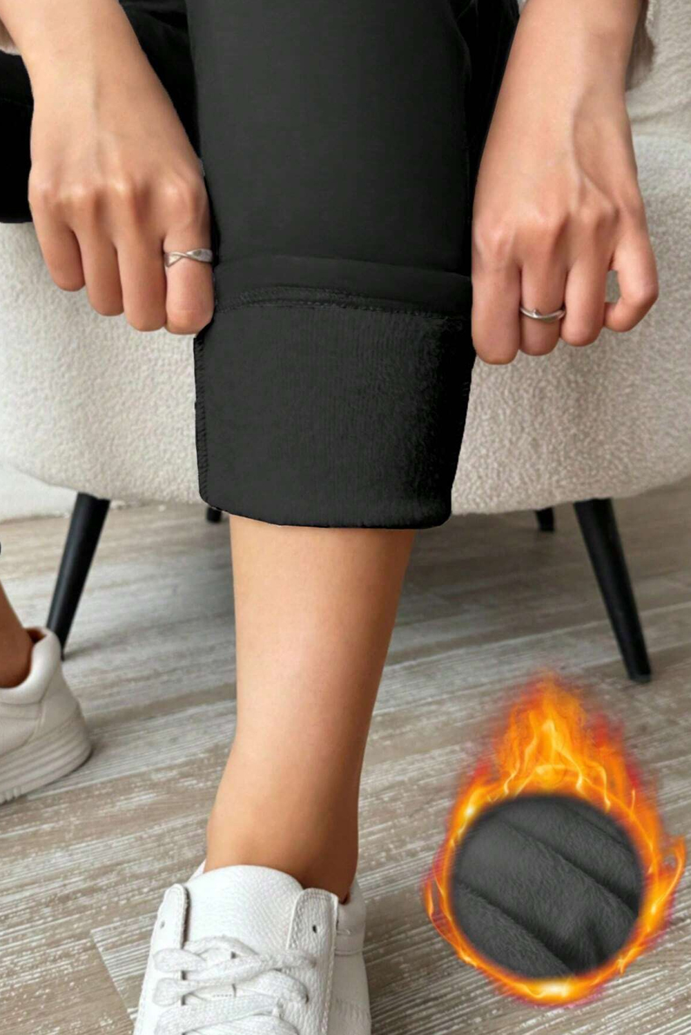 Women's Black Thermal Lined Drawstring High Waist Leggings - Detail View 6 Women's Black Thermal Lined Drawstring High Waist Leggings - Detail View 6