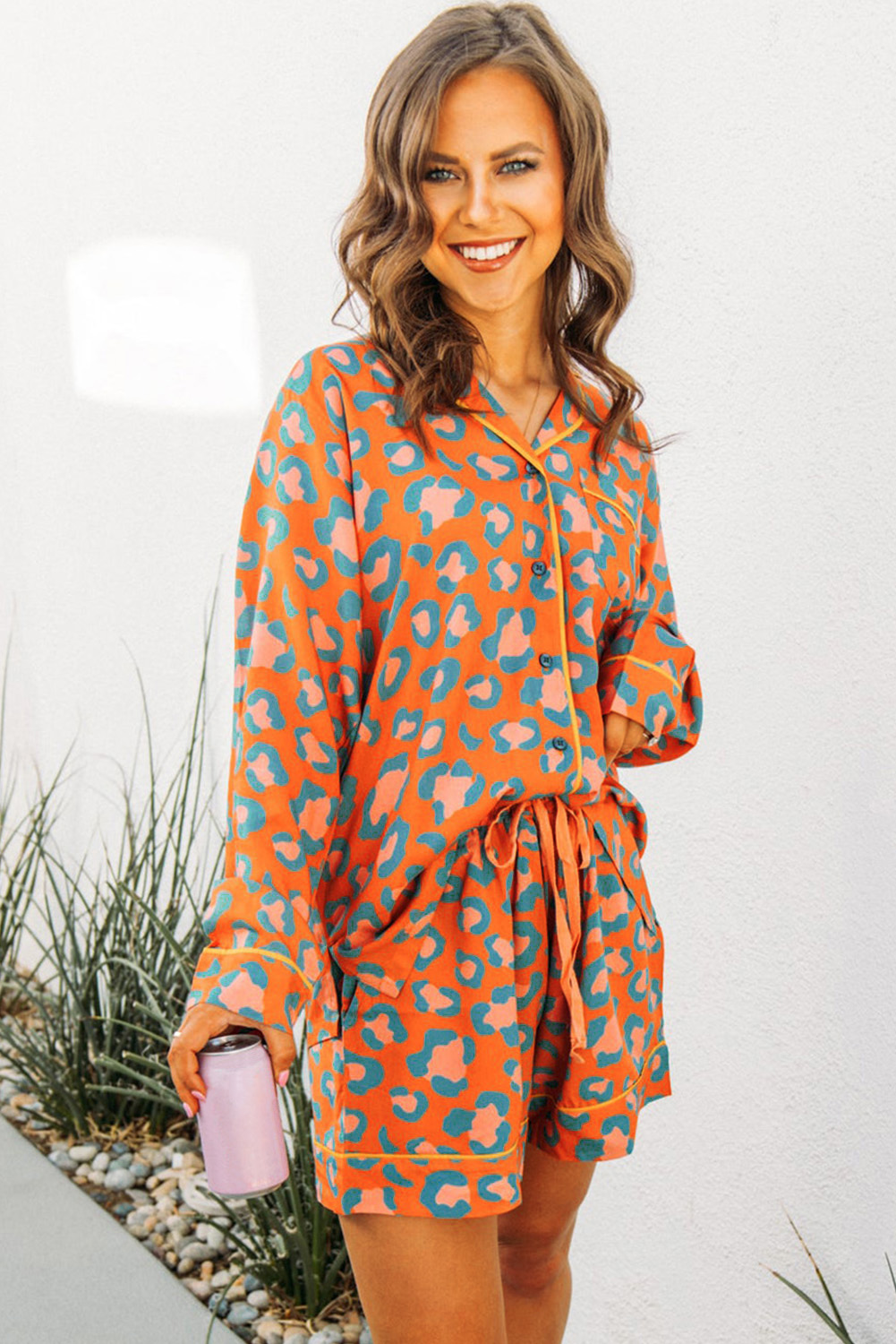 Women's Wild Orange Leopard Print Long Sleeve Pajama Set - Detail View 6 Women's Wild Orange Leopard Print Long Sleeve Pajama Set - Detail View 6