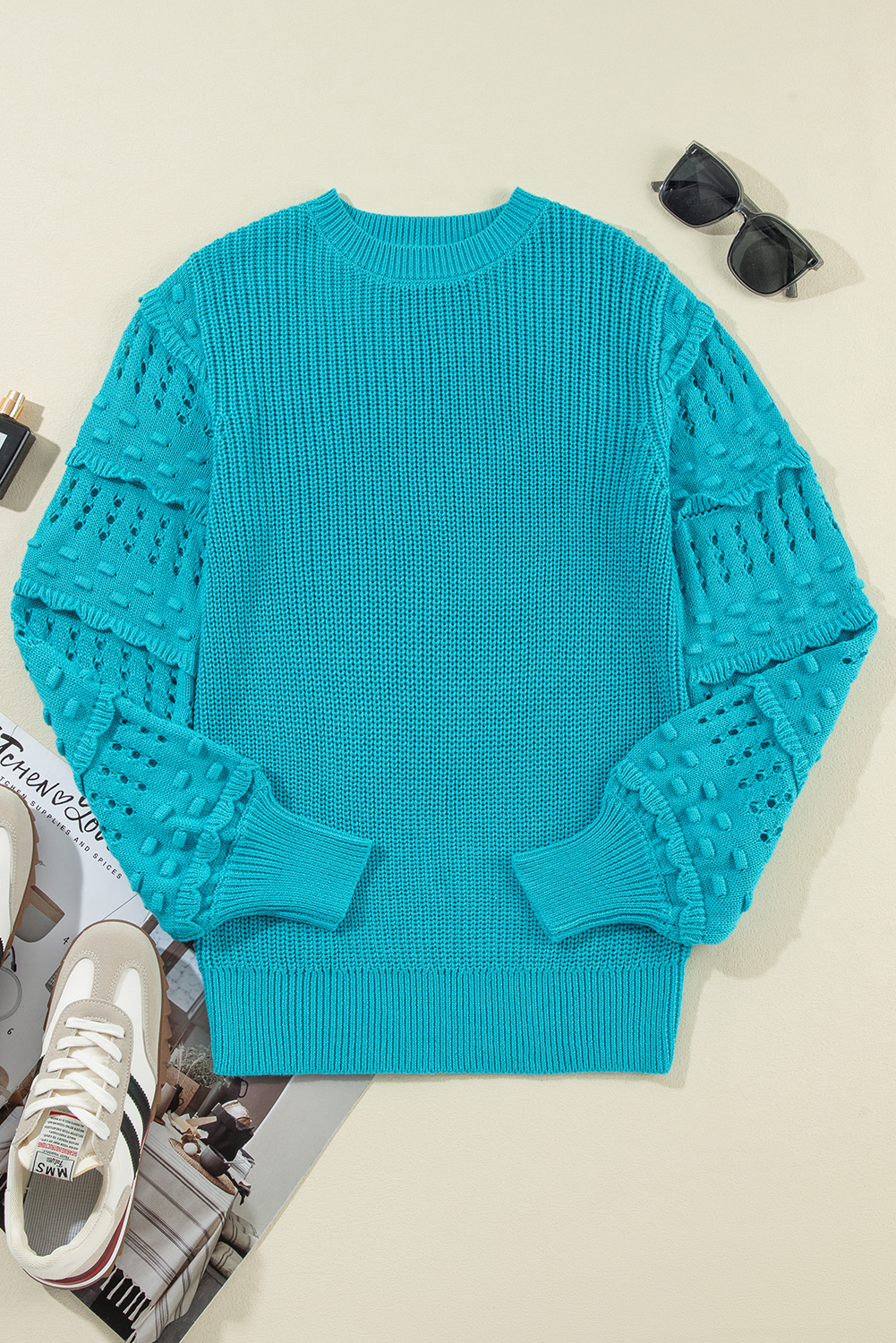 Women's Sweater, Turquoise, Ruffled Eyelet, Bubble Sleeve, Knit Top, Chic Style, Comfortable, Fall and Autumn Wear, Daily Wear, Cozy, Elegant, Versatile, Easy to Style, Sweaters and Cardigans - Detail View 15 Women's Sweater, Turquoise, Ruffled Eyelet, Bubble Sleeve, Knit Top, Chic Style, Comfortable, Fall and Autumn Wear, Daily Wear, Cozy, Elegant, Versatile, Easy to Style, Sweaters and Cardigans - Detail View 15
