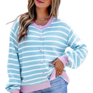Women's Striped Button Cardigan, Casual Sky Blue Knit Top - Main View