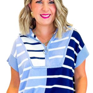 Women's Striped Quarter Zip Sweater Vest, Casual Top - Main View