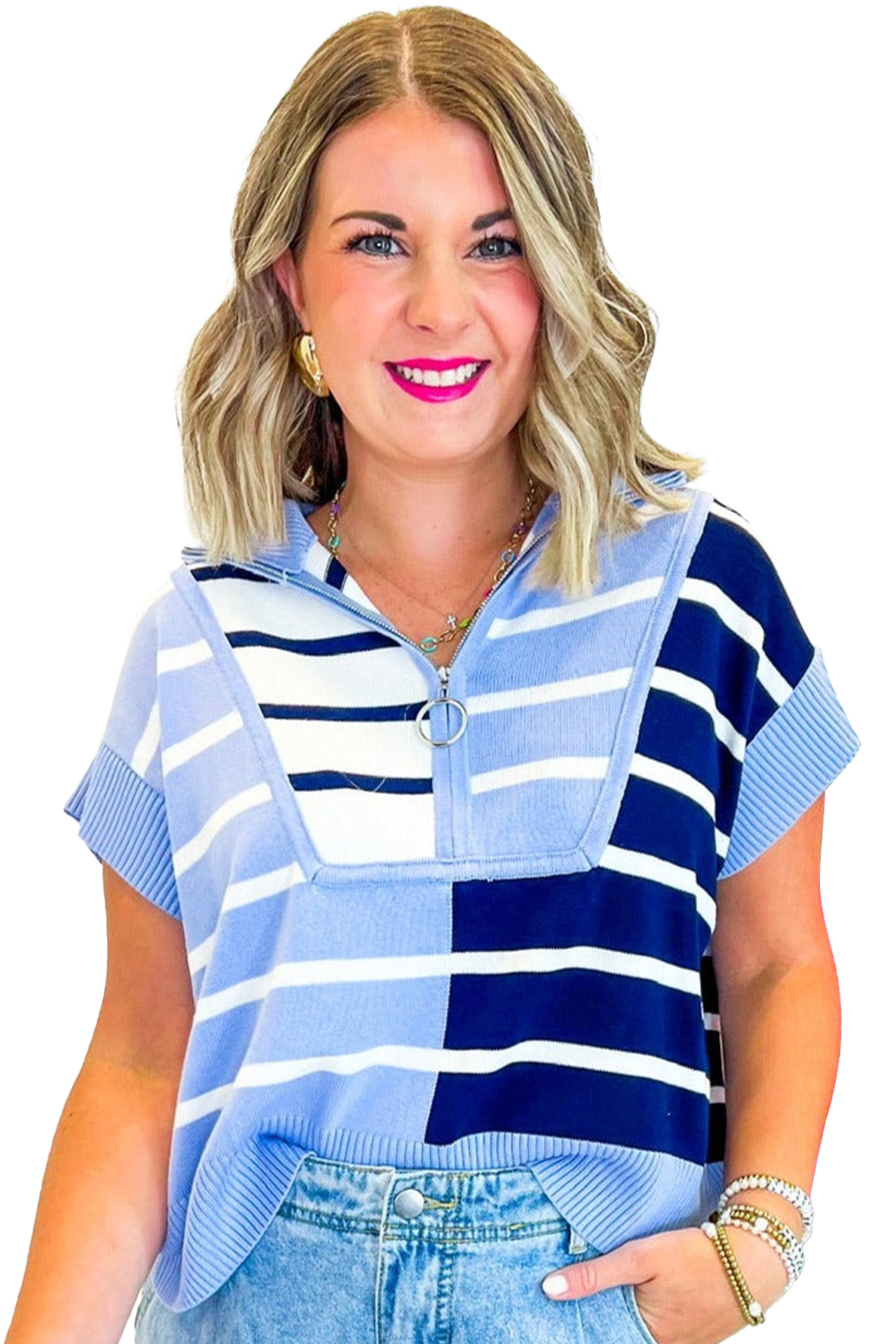Women's Striped Quarter Zip Sweater Vest, Casual Top - Main View Women's Striped Quarter Zip Sweater Vest, Casual Top - Main View
