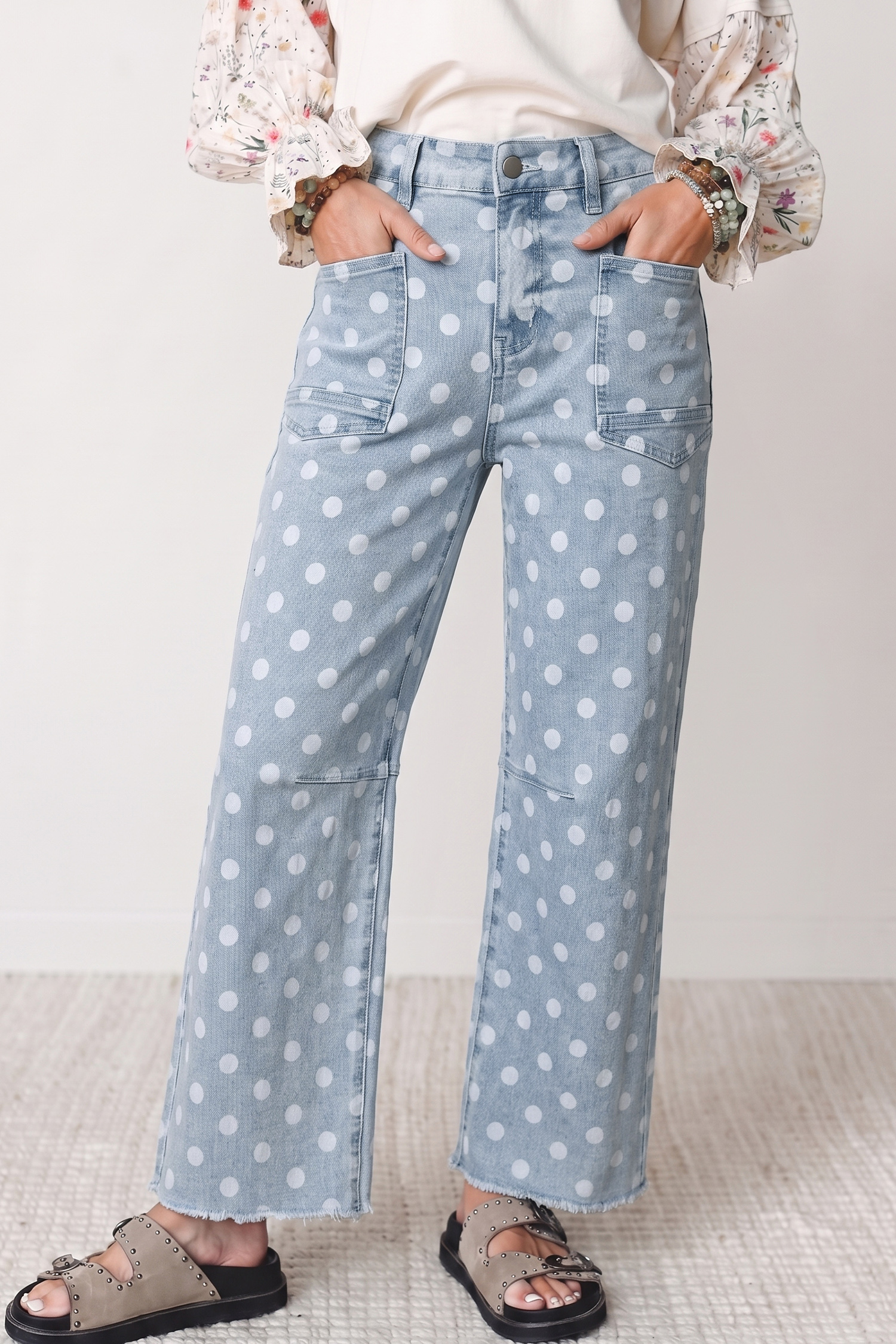Sky Blue Denim Jeans, Comfortable High Waist Polka Dot Fit - Detail View 3 Sky Blue Denim Jeans, Comfortable High Waist Polka Dot Fit - Detail View 3