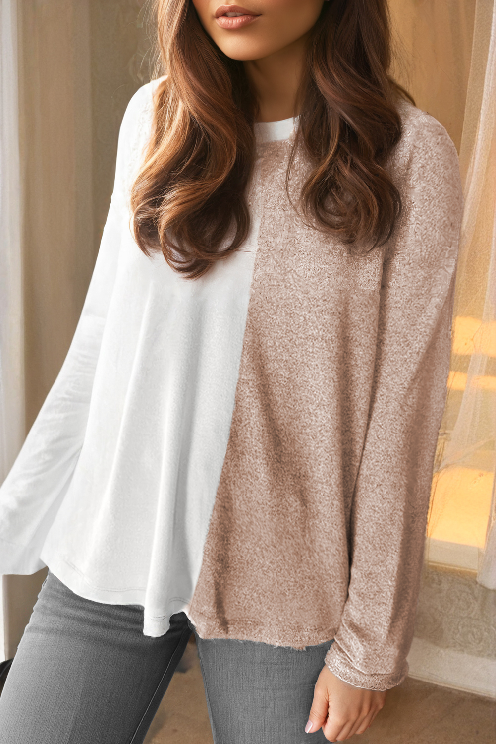 Women's Top, Khaki Colorblock, Long Sleeve, Crew Neck, Casual Style, Everyday Wear, Fall Fashion, Knit Top, Versatile, Comfortable Fit, Drop Shoulder, Semi-Formal, Daily Wear, Tops, Long Sleeve Tops - Detail View 4 Women's Top, Khaki Colorblock, Long Sleeve, Crew Neck, Casual Style, Everyday Wear, Fall Fashion, Knit Top, Versatile, Comfortable Fit, Drop Shoulder, Semi-Formal, Daily Wear, Tops, Long Sleeve Tops - Detail View 4