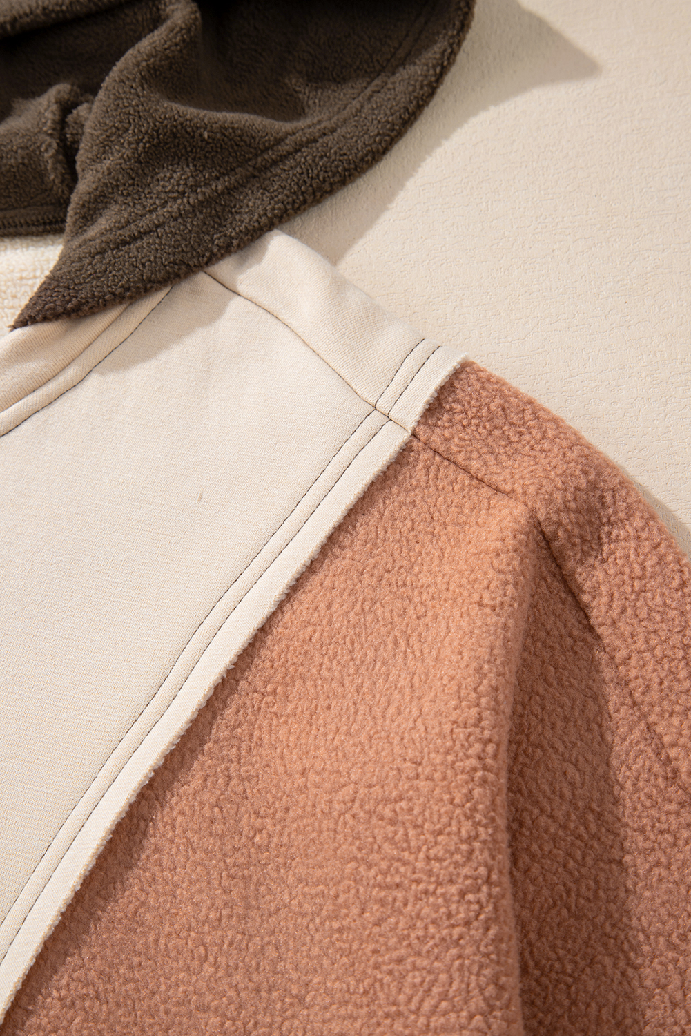 Plus Size Hoodie, Brown Colorblock, Exposed Seams, Comfortable, Stylish, Fashionable, Functional, Everyday Wear, Casual Chic, Plus Size Sweatshirt, Long Sleeves, Colorblock Design - Detail View 10 Plus Size Hoodie, Brown Colorblock, Exposed Seams, Comfortable, Stylish, Fashionable, Functional, Everyday Wear, Casual Chic, Plus Size Sweatshirt, Long Sleeves, Colorblock Design - Detail View 10