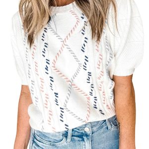 Women's White Multicolor Stitch Detail Short Sleeve Cable Knit Sweater - Main View