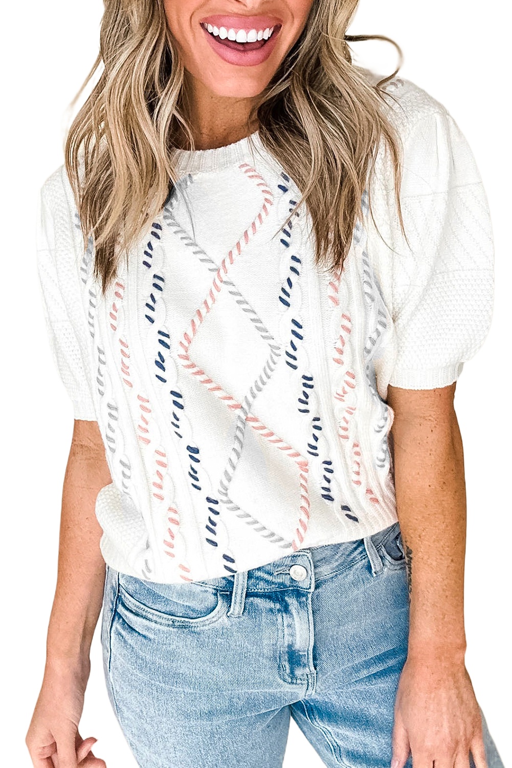 Women's White Multicolor Stitch Detail Short Sleeve Cable Knit Sweater - Main View Women's White Multicolor Stitch Detail Short Sleeve Cable Knit Sweater - Main View