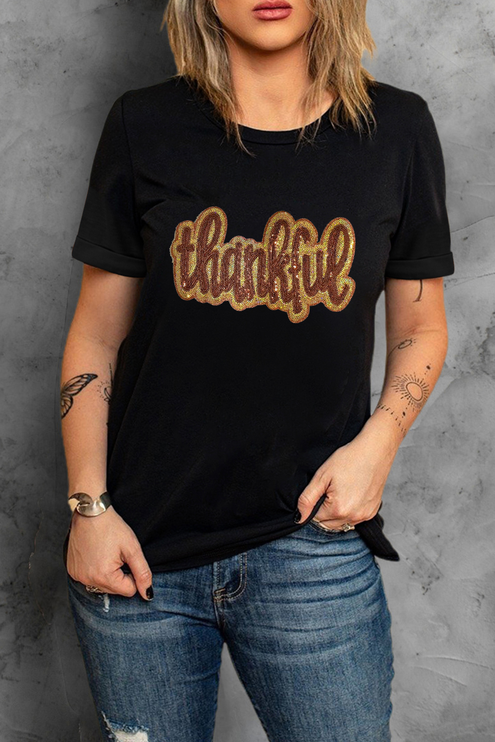 Cozy and Stylish Black Sequined Graphic Tee - Thankful Message - Detail View 8 Cozy and Stylish Black Sequined Graphic Tee - Thankful Message - Detail View 8
