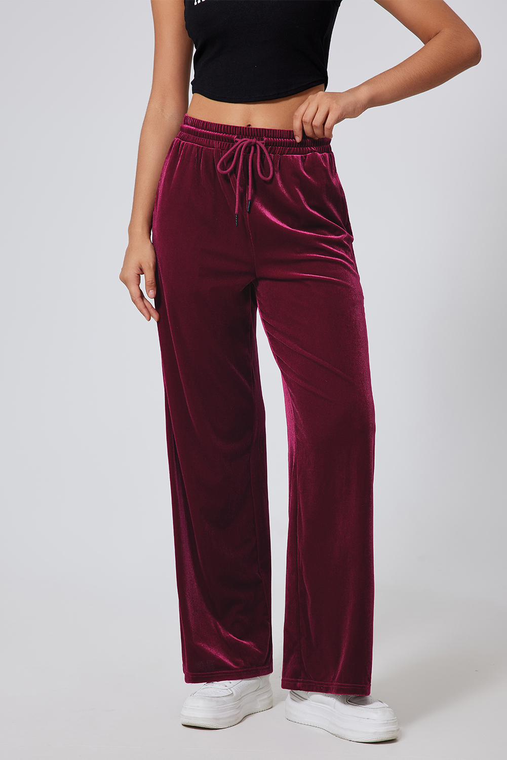 Women's Burgundy Solid Wide Leg Pants with Drawstring Waist - Detail View 6 Women's Burgundy Solid Wide Leg Pants with Drawstring Waist - Detail View 6