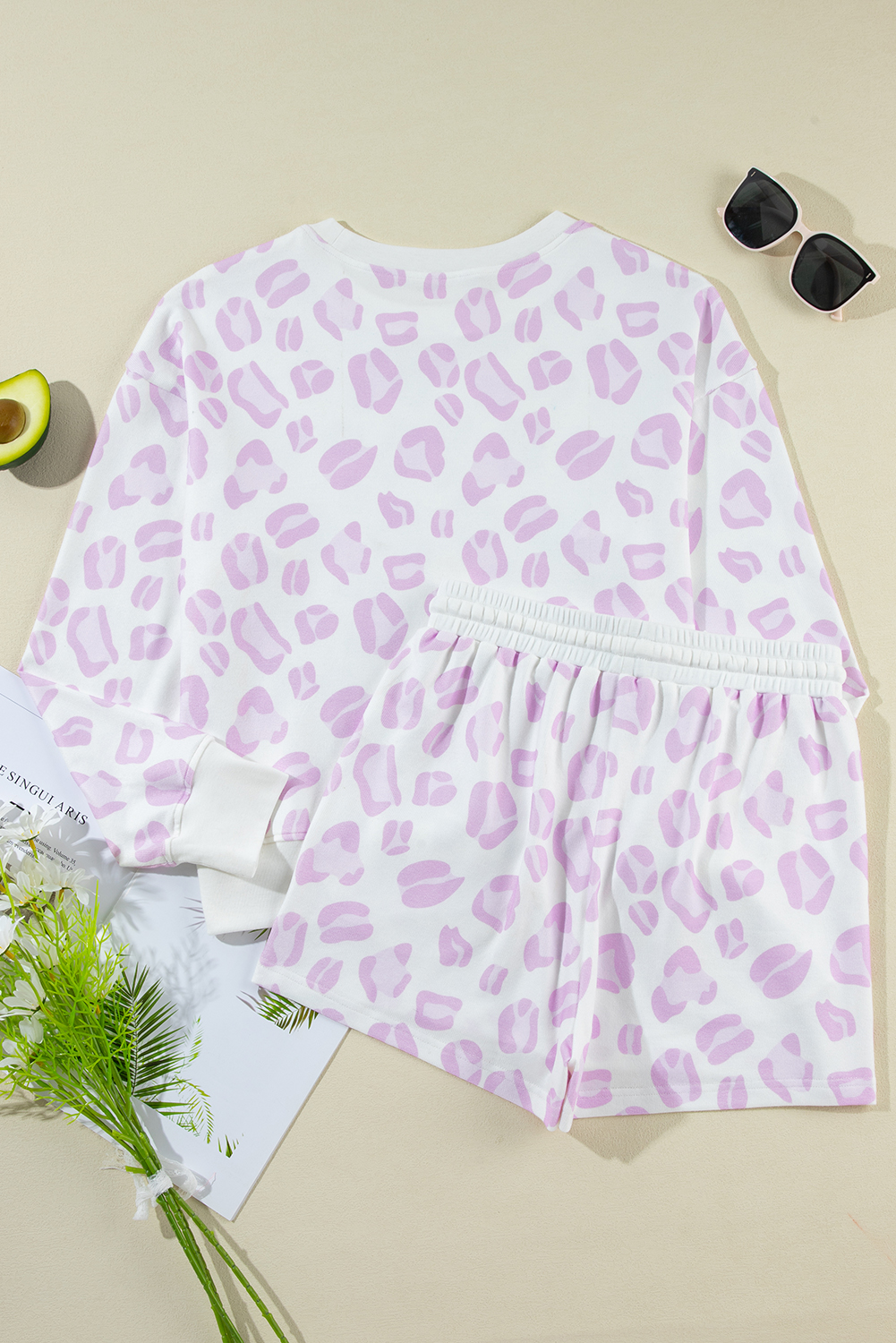 Casual and Adaptable Loungewear for Women: Pink Leopard Animal Print Pullover and Shorts Set - Detail View 8 Casual and Adaptable Loungewear for Women: Pink Leopard Animal Print Pullover and Shorts Set - Detail View 8