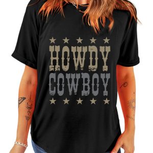 Women's Black HOWDY COWBOY Star Print Crew Neck T-Shirt - Main View