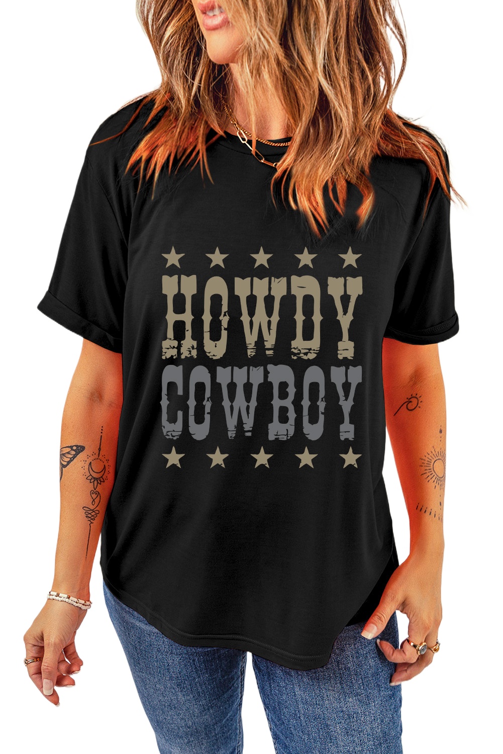 Women's Black HOWDY COWBOY Star Print Crew Neck T-Shirt - Main View Women's Black HOWDY COWBOY Star Print Crew Neck T-Shirt - Main View