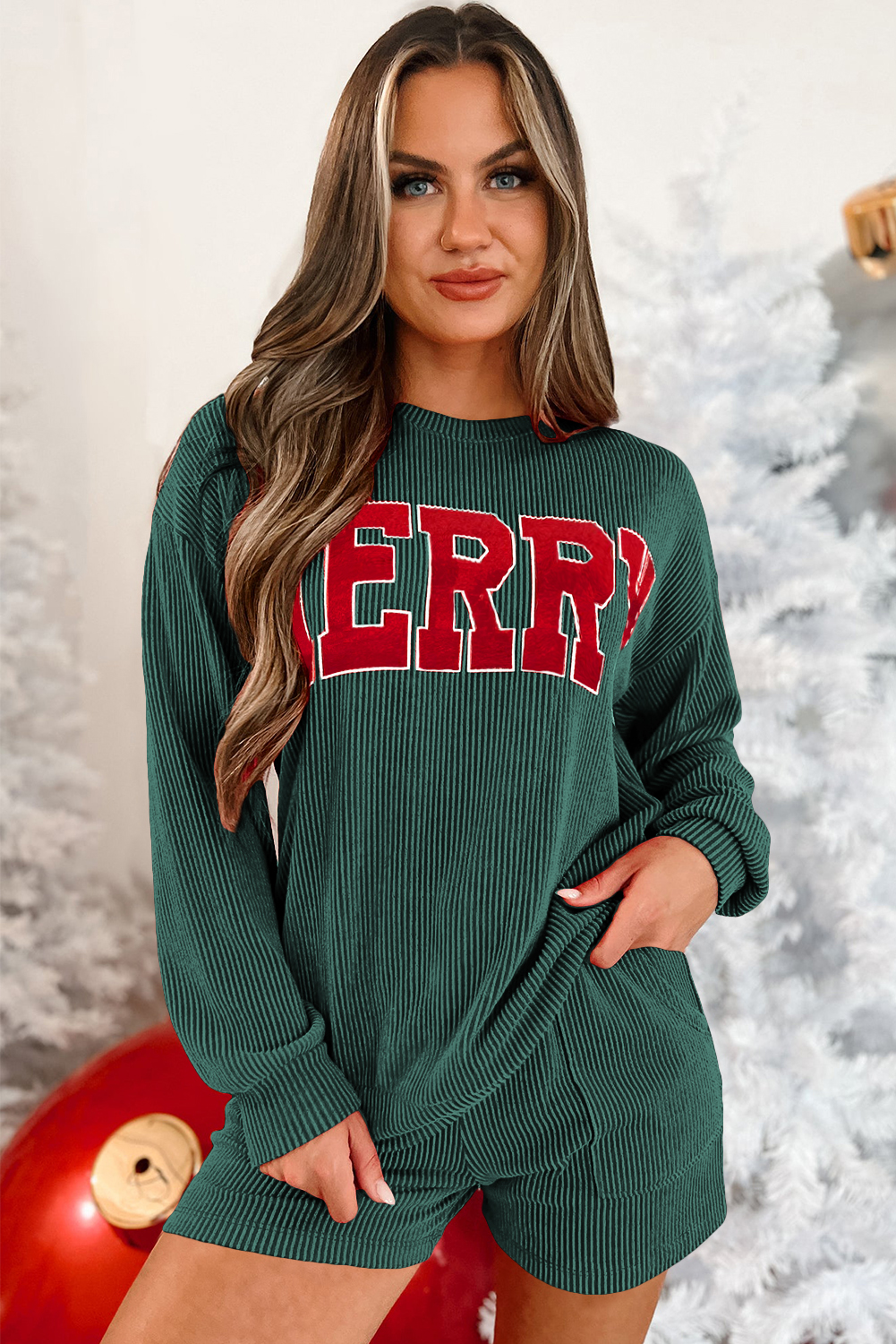 Casual Evergreen Corded Lounge Set with MERRY Graphic and Long Sleeves - Detail View 6 Casual Evergreen Corded Lounge Set with MERRY Graphic and Long Sleeves - Detail View 6