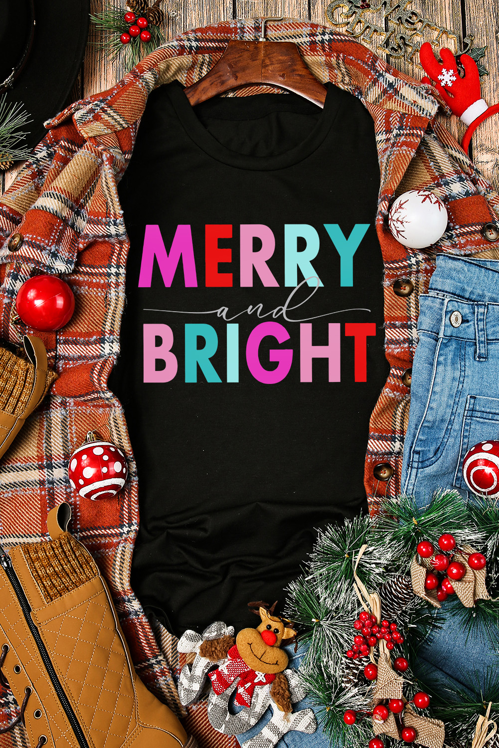 Women's Merry and Bright Graphic Tee, Casual Holiday Top - Detail View 4 Women's Merry and Bright Graphic Tee, Casual Holiday Top - Detail View 4