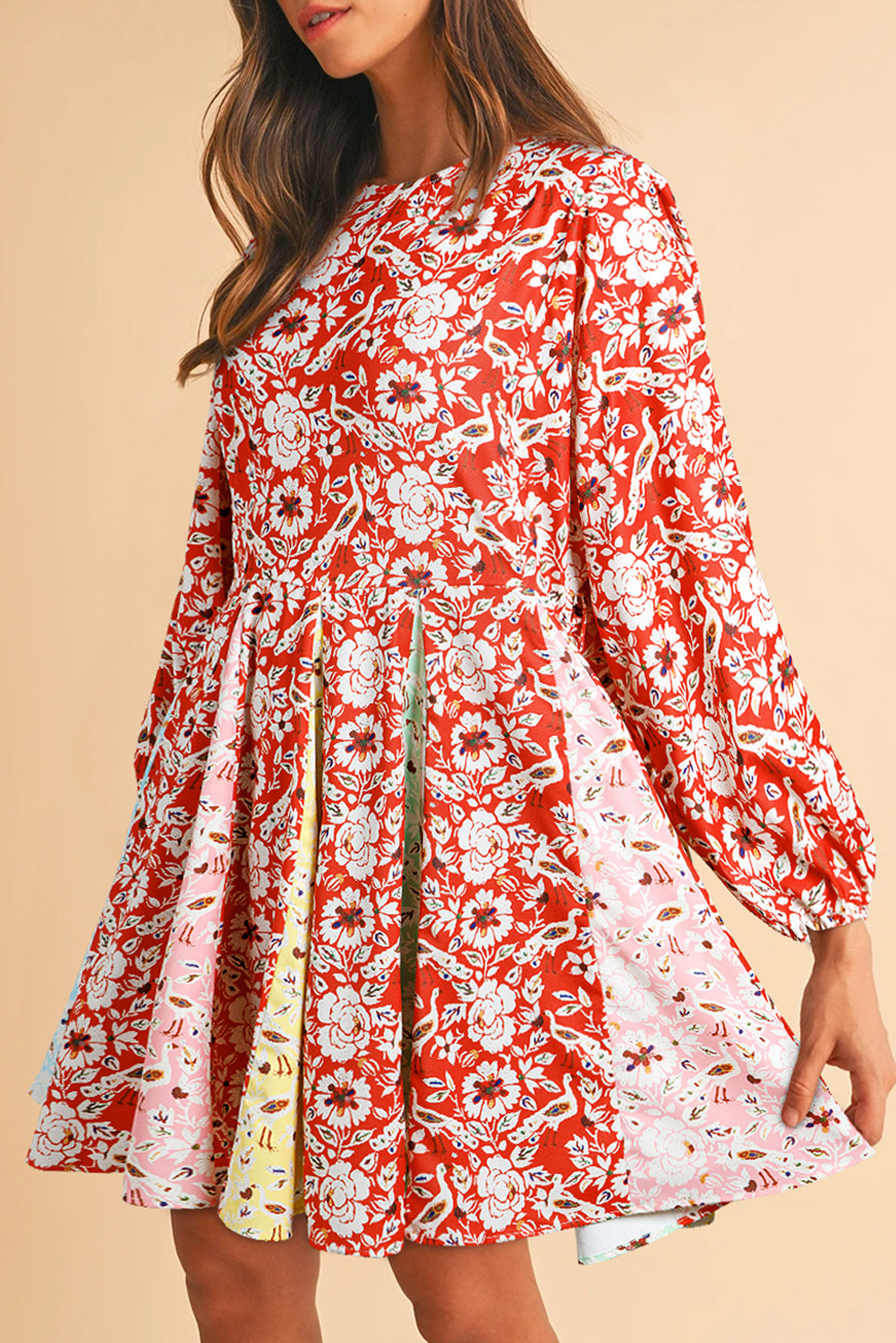 Elegant Long Sleeve Mini Dress - Vibrant Floral Patchwork for Spring Occasions - Detail View 3 Elegant Long Sleeve Mini Dress - Vibrant Floral Patchwork for Spring Occasions - Detail View 3