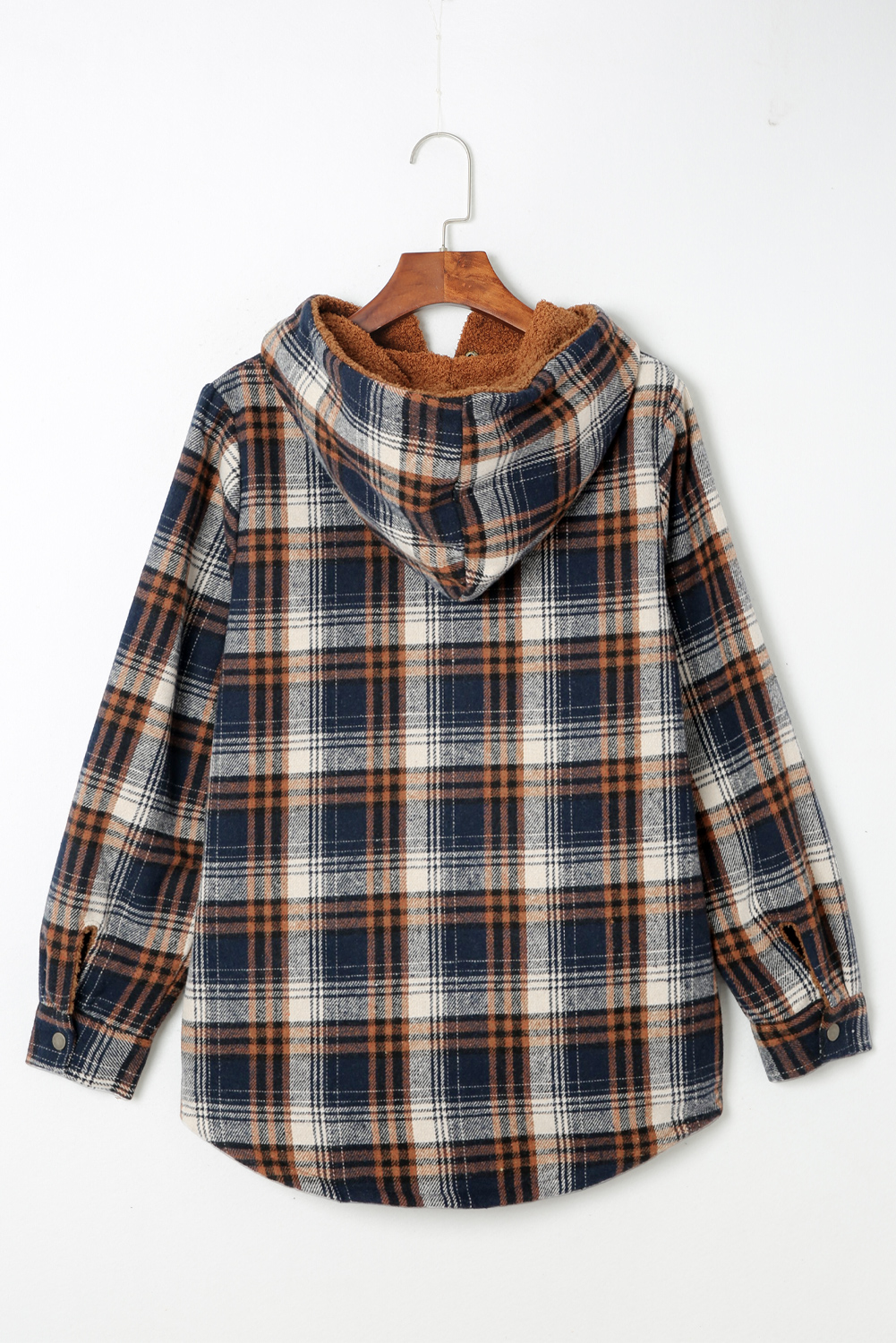Women's Plaid Sherpa Shacket, Hooded Button Down Jacket - Detail View 7 Women's Plaid Sherpa Shacket, Hooded Button Down Jacket - Detail View 7